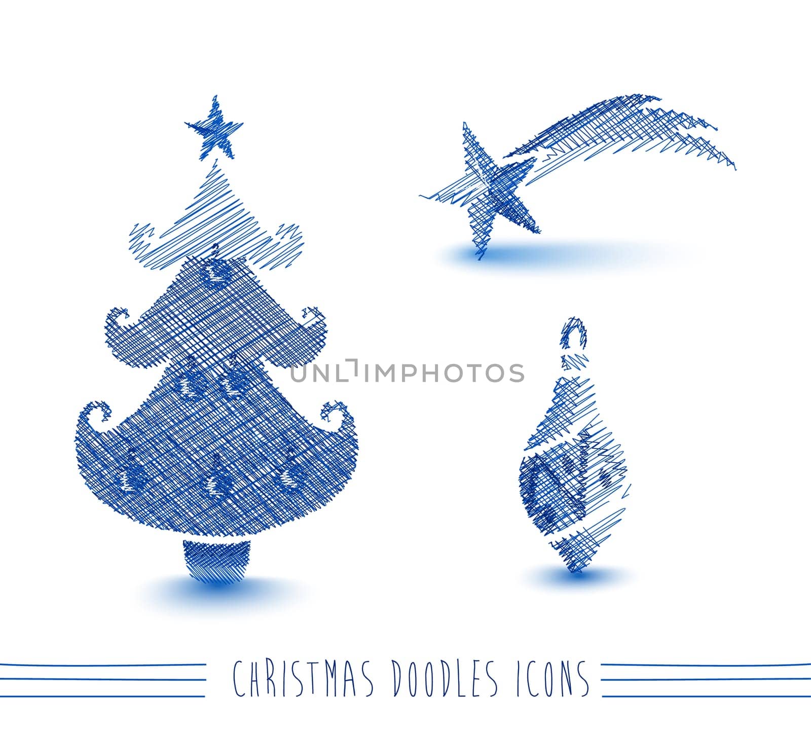 Merry Christmas blue hand drawn bauble tree and winter elements set. EPS10 vector file organized in layers for easy editing.
