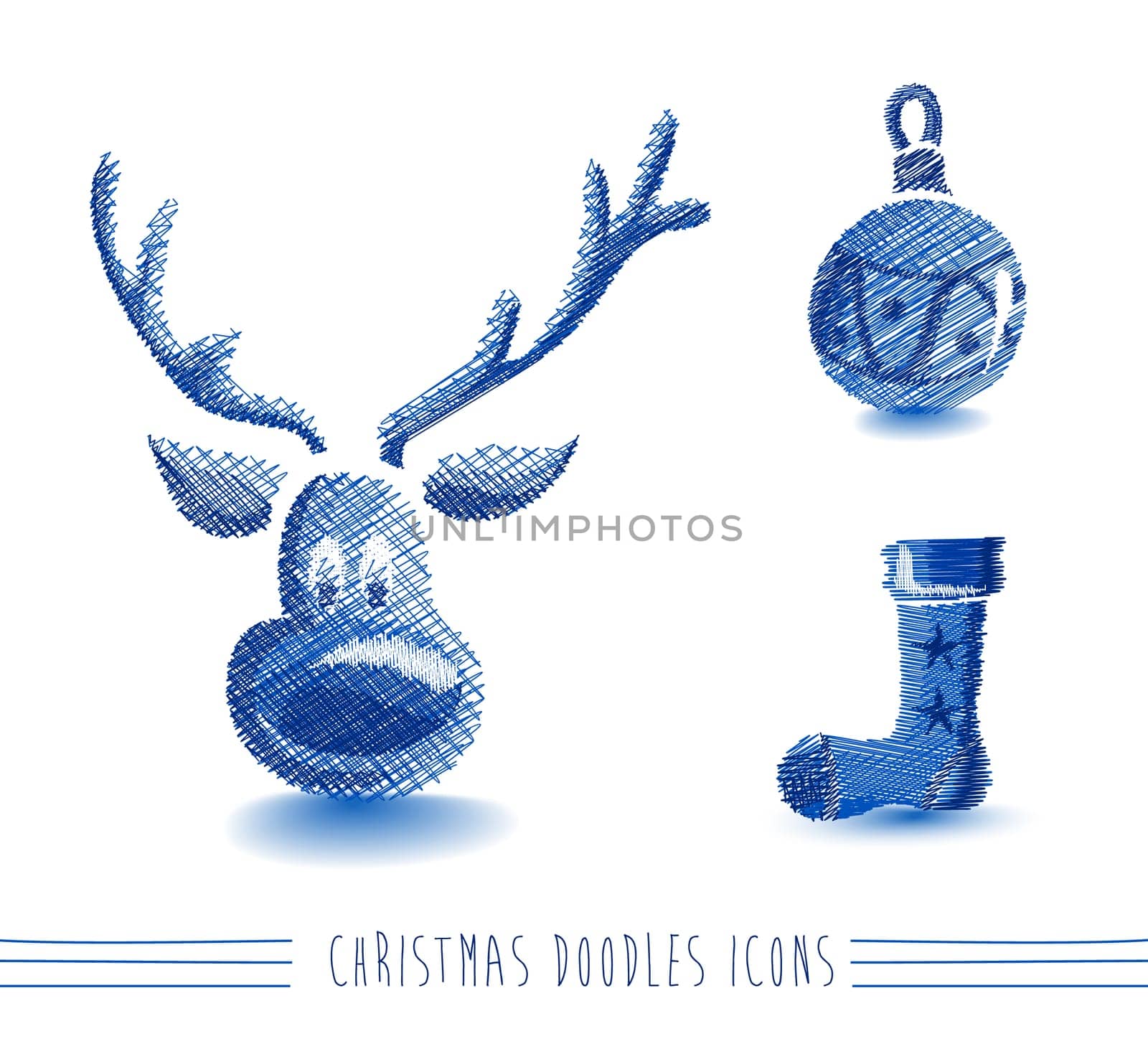 Merry Christmas blue hand drawn reindeer and winter elements set. EPS10 vector file organized in layers for easy editing.