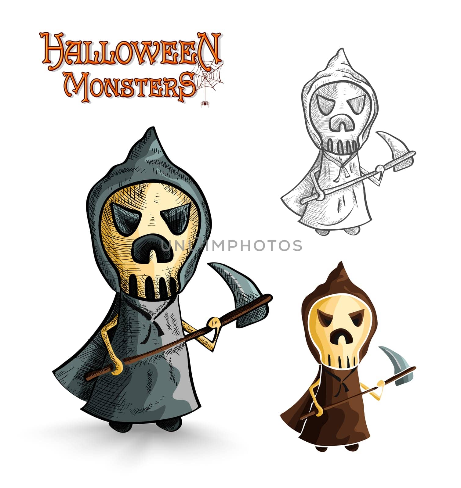 Halloween monsters spooky cartoon grim reaper set. EPS10 Vector file organized in layers for easy editing.