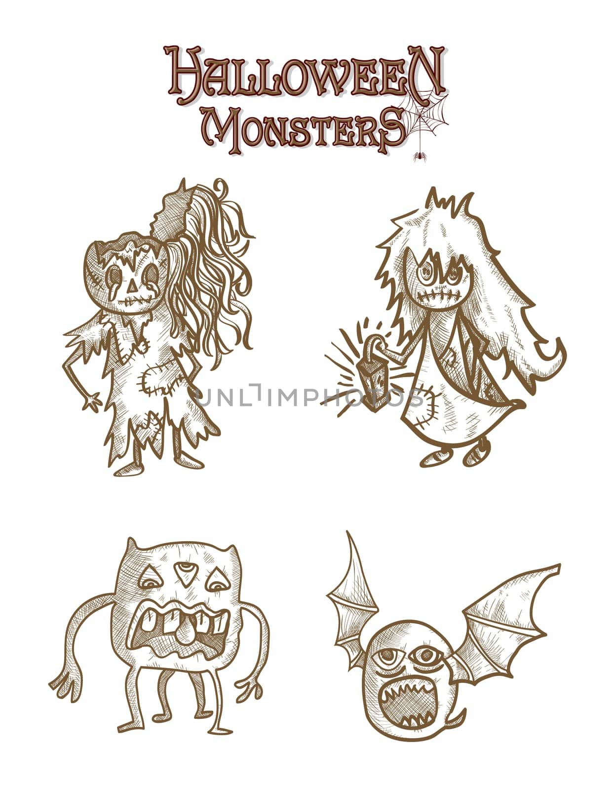 Halloween monsters spooky sketch style cartoons set. EPS10 Vector file organized in layers for easy editing.
