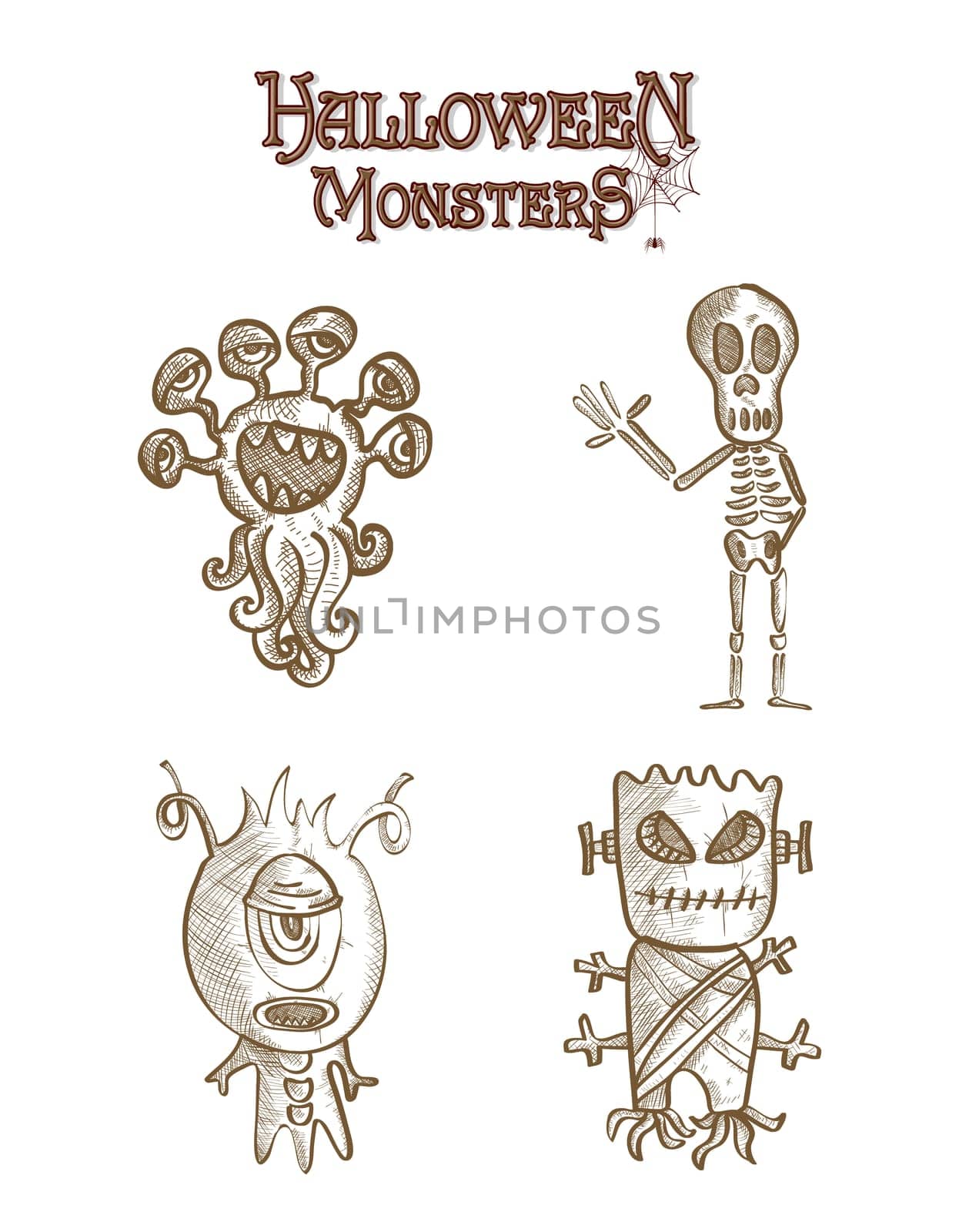 Halloween monsters spooky sketch style creatures cartoons set. EPS10 Vector file organized in layers for easy editing.