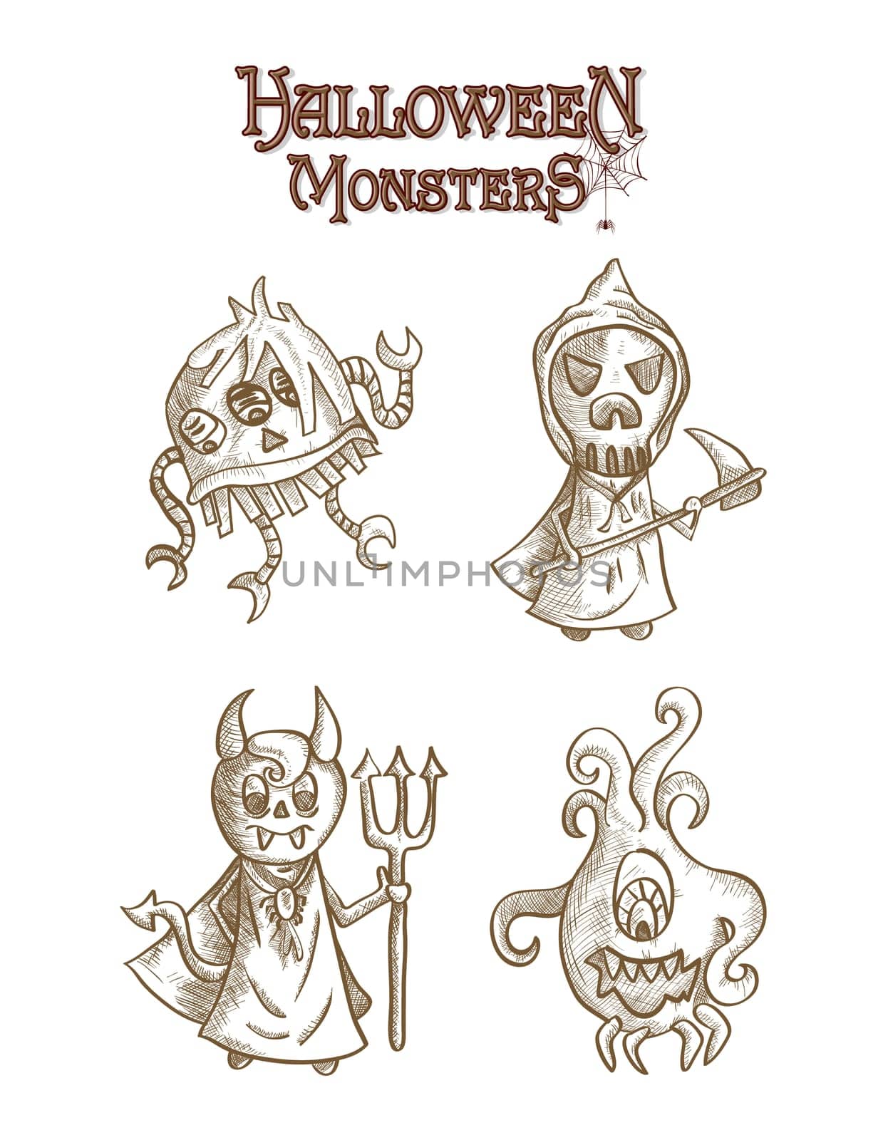 Halloween monsters spooky sketch style creatures cartoons set. EPS10 Vector file organized in layers for easy editing.