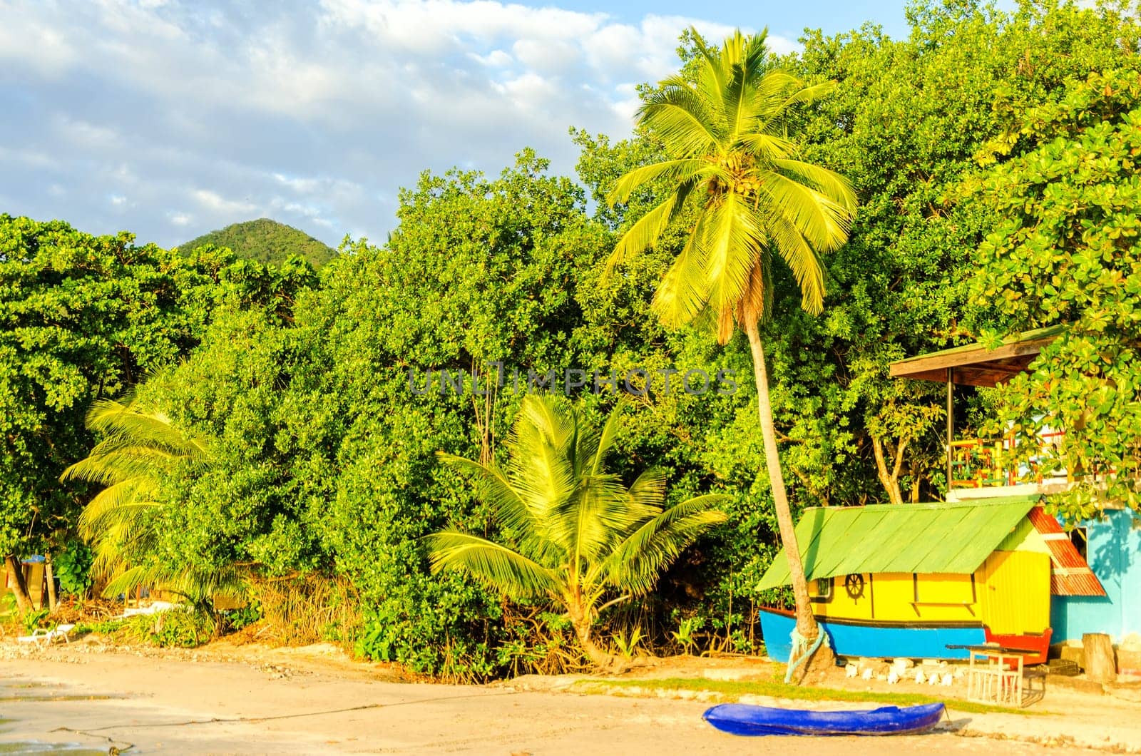 Colorful buildings on a beach in San Andres y Providencia, Colombia