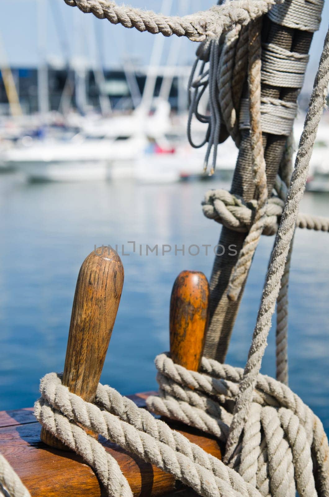 Blocks and rigging at the old sailboat, close-up