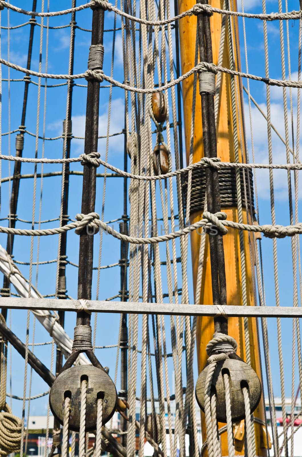 Blocks and rigging at the old sailboat, close-up