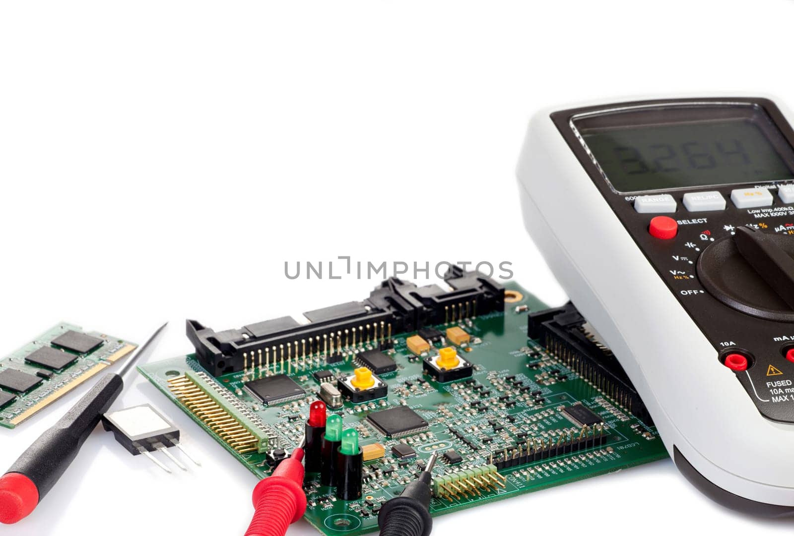 Digital Multimeter,PCB and Components on White Background