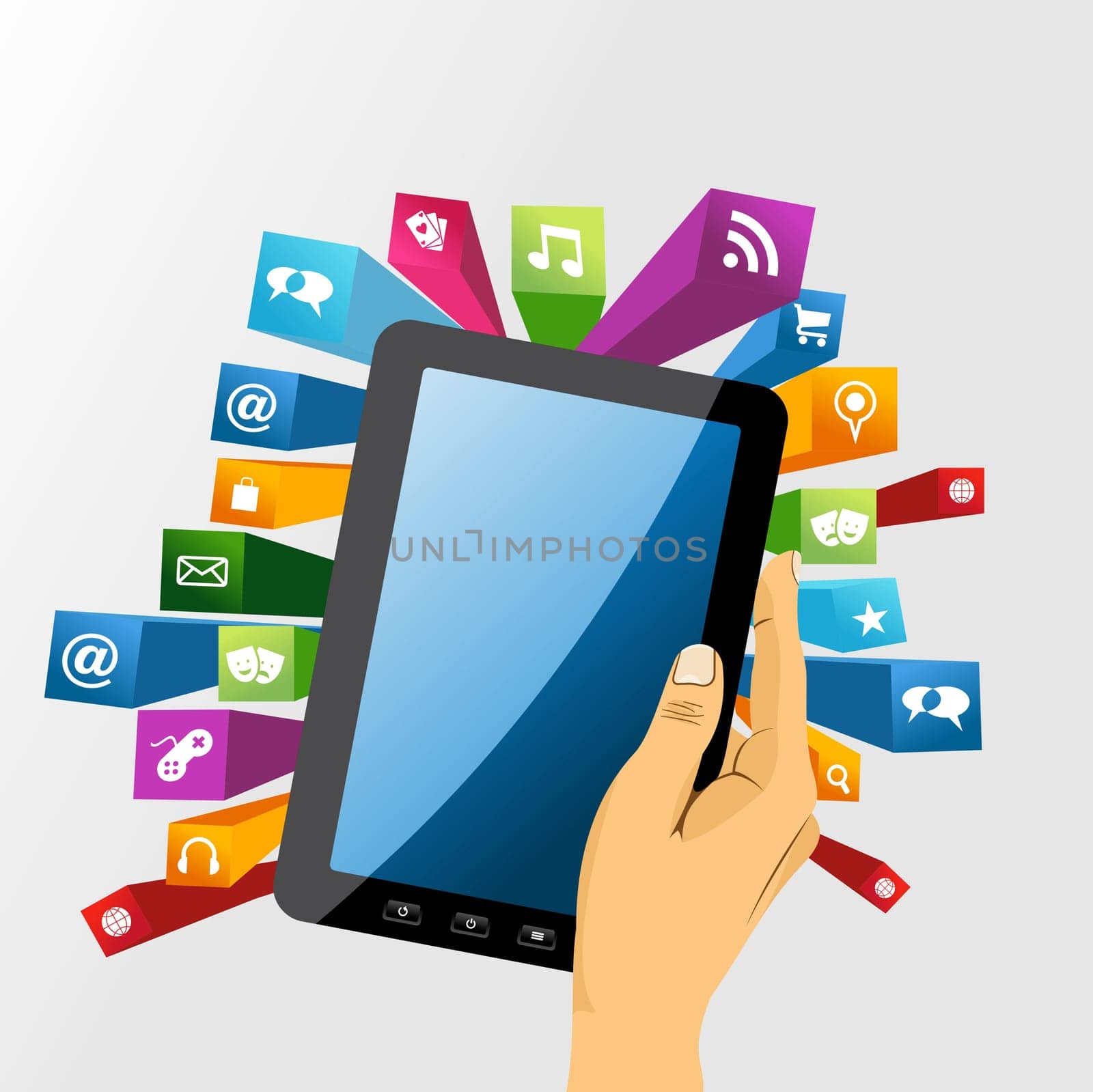 Human hand holds electronic tablet computer applications icons splash composition. EPS10 vector file organized in layers for easy editing.