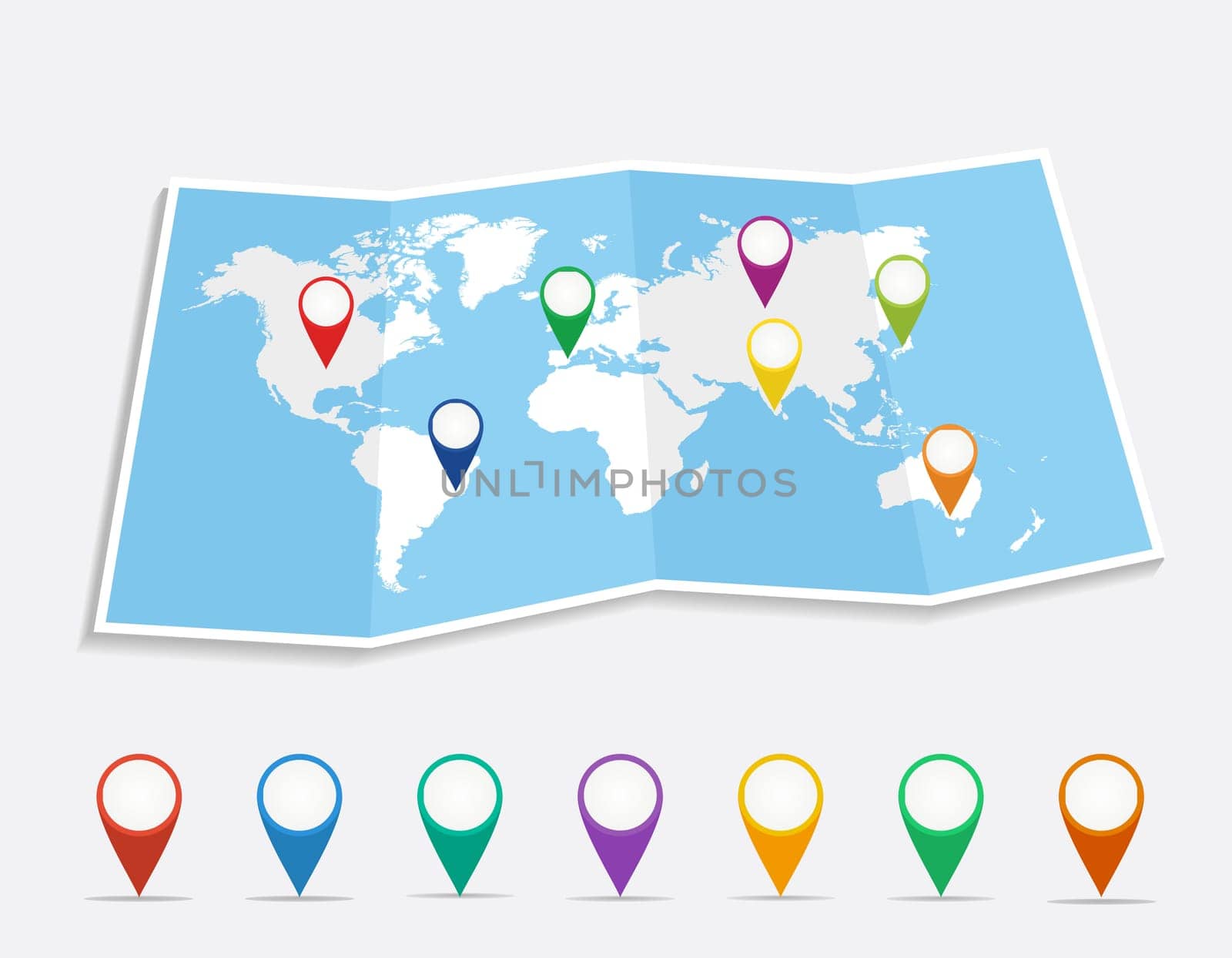 World map with geo position pins travel elements composition. EPS10 vector file organized in layers for easy editing..