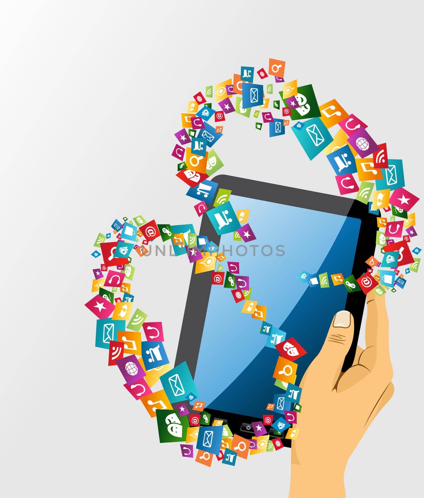 Human hand holds electronic tablet computer applications icons circle composition. EPS10 vector file organized in layers for easy editing.