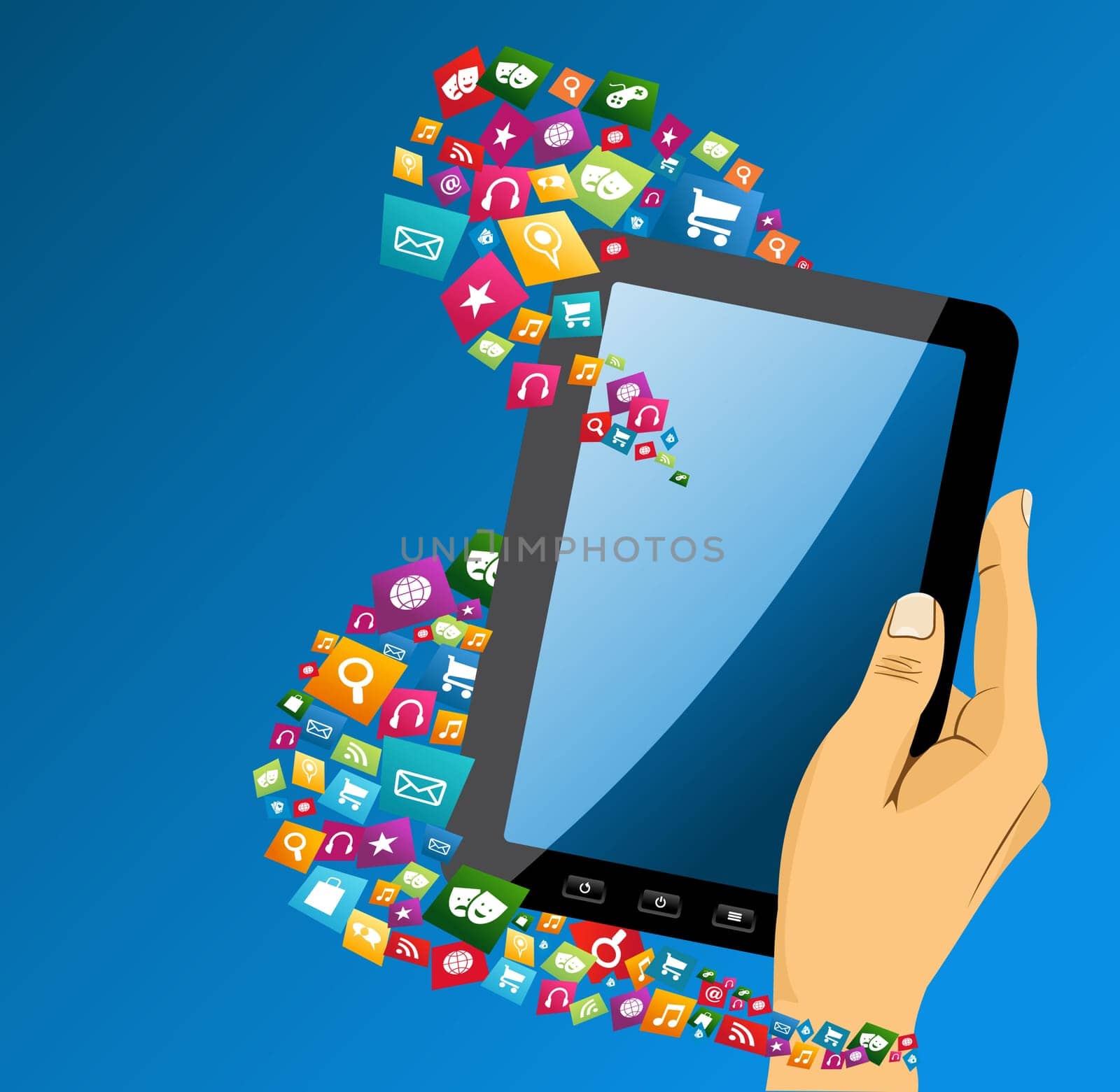 Human hand holds electronic tablet computer applications icons composition, blue background. EPS10 vector file organized in layers for easy editing.