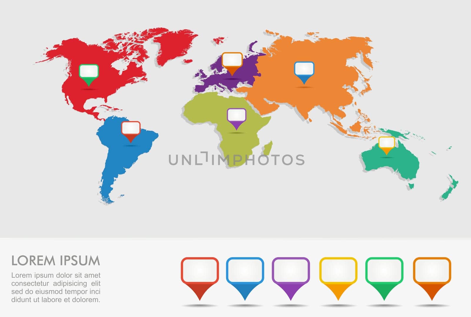 World map, geo position pointers infographics template. EPS10 vector file organized in layers for easy editing.