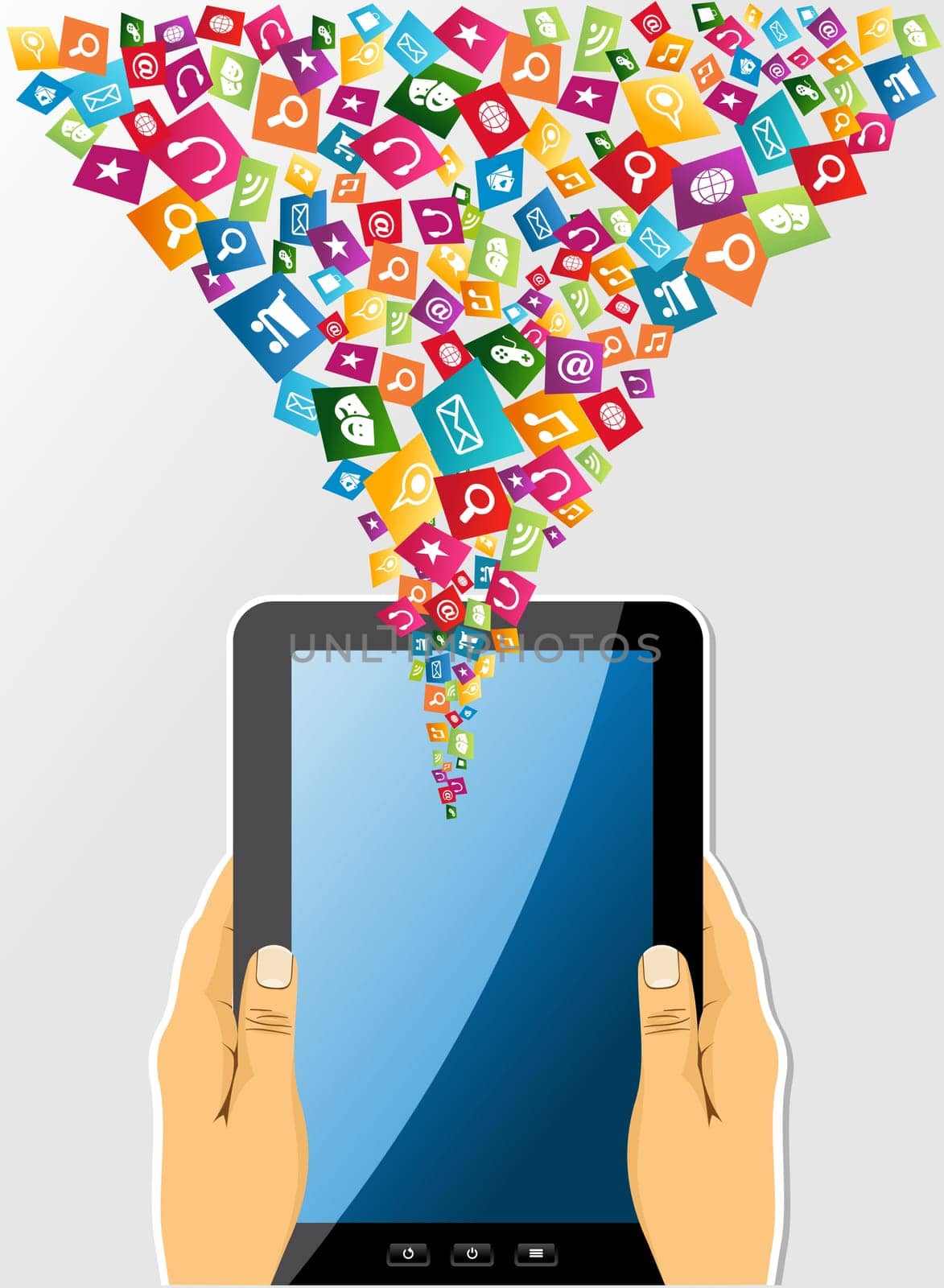 Human hands holds electronic tablet computer applications icons splasht illustration. EPS10 vector file organized in layers for easy editing..