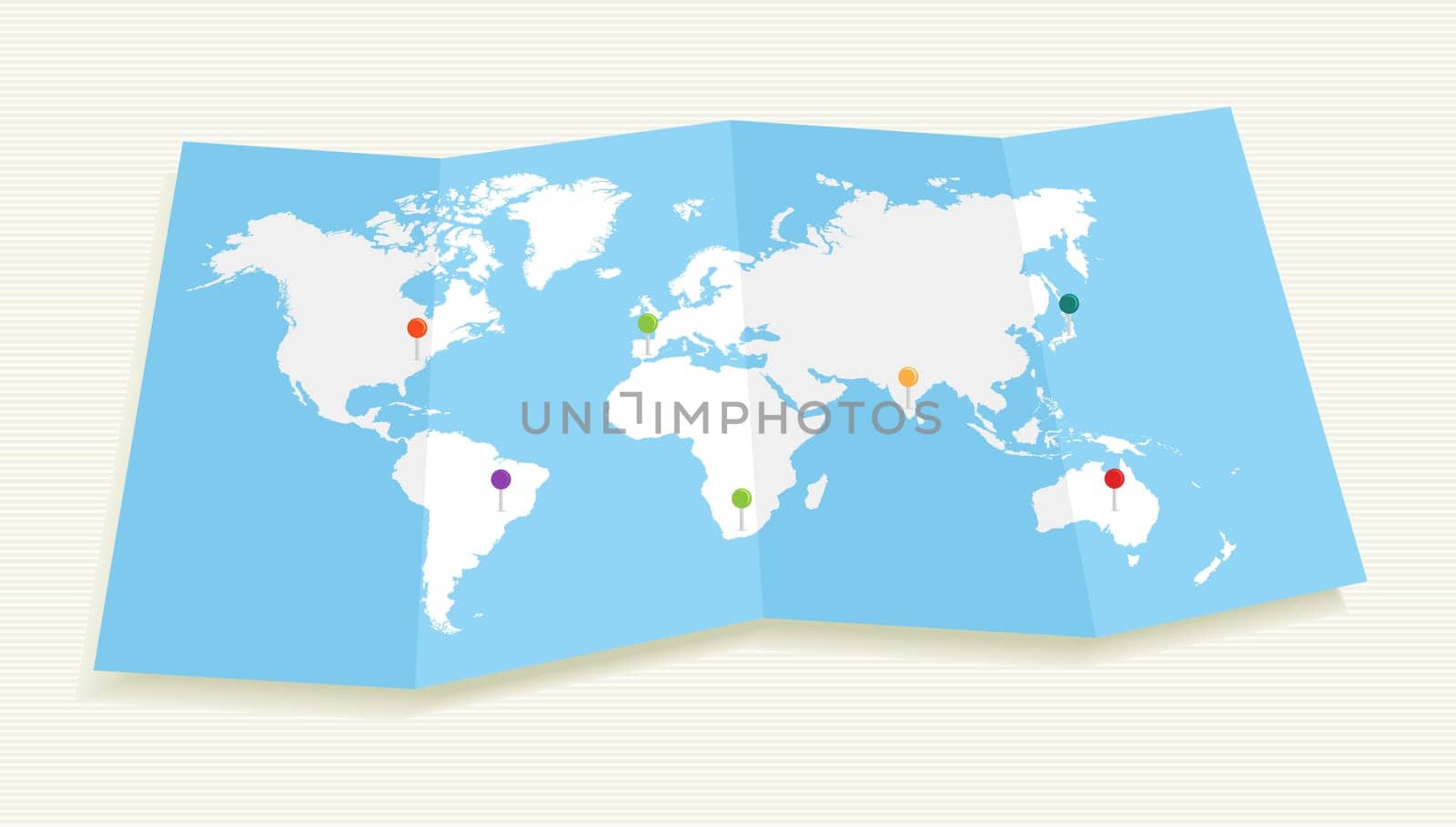 World map with GPS location pushpins travel elements illustration. EPS10 vector file organized in layers for easy editing..