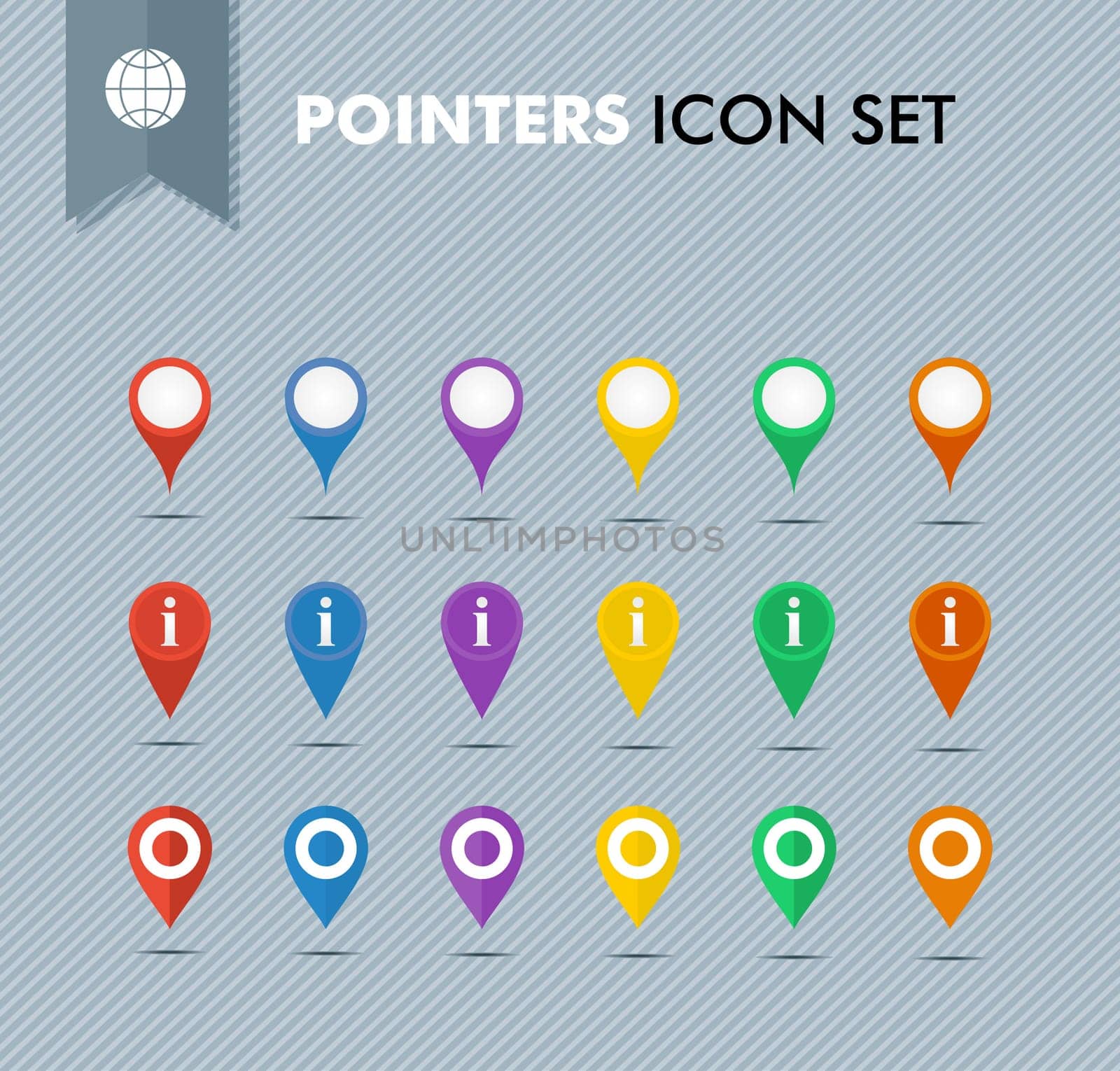 Colorful travel pointer icon set. EPS10 vector file organized in layers for easy editing.