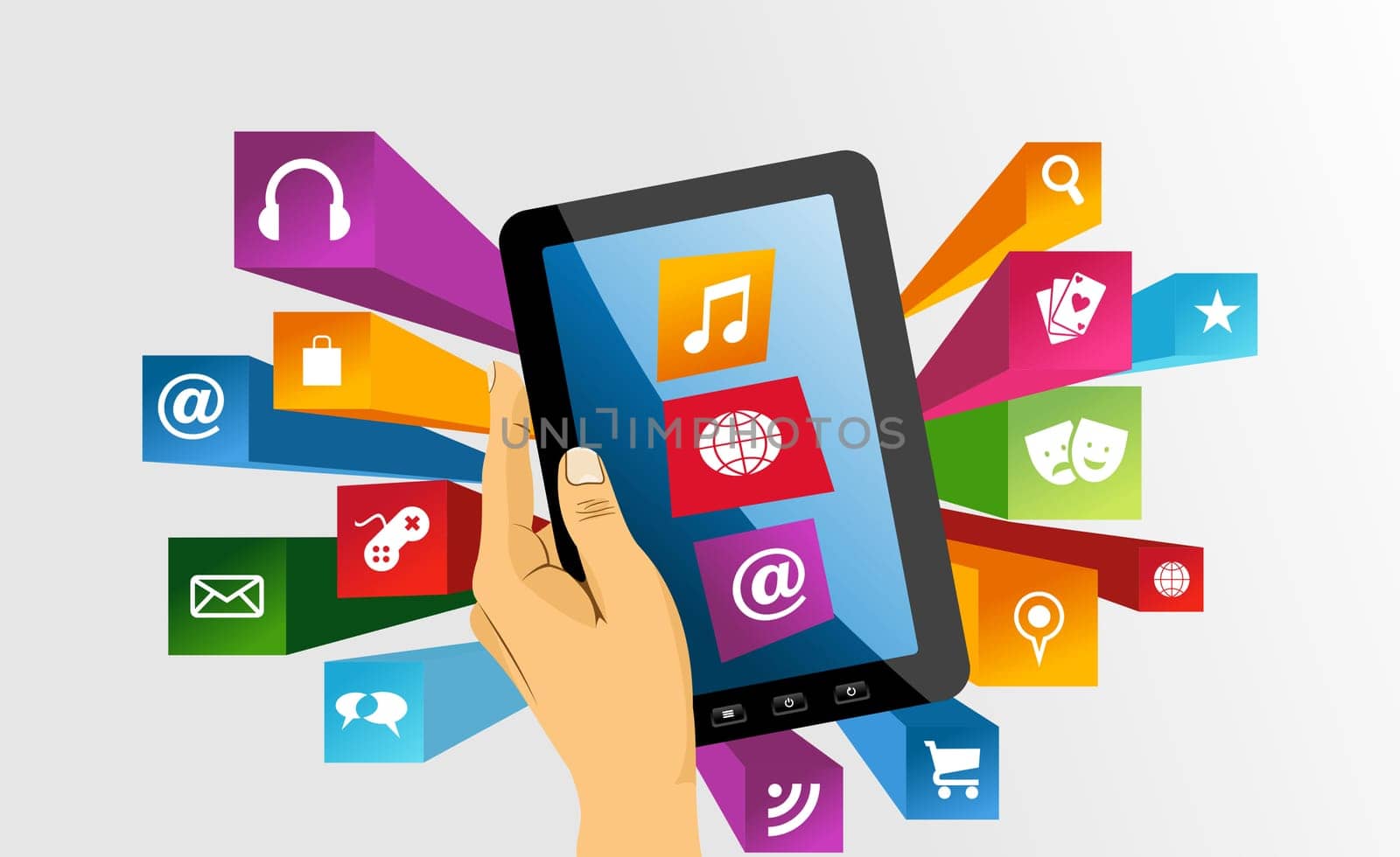 Human hand holds electronic tablet computer applications icons splash composition. EPS10 vector file organized in layers for easy editing.