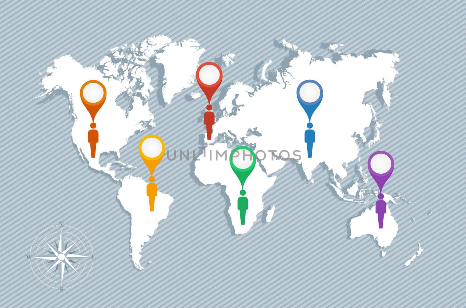 World map with GPS location pushpins travel elements illustration. EPS10 vector file organized in layers for easy editing..