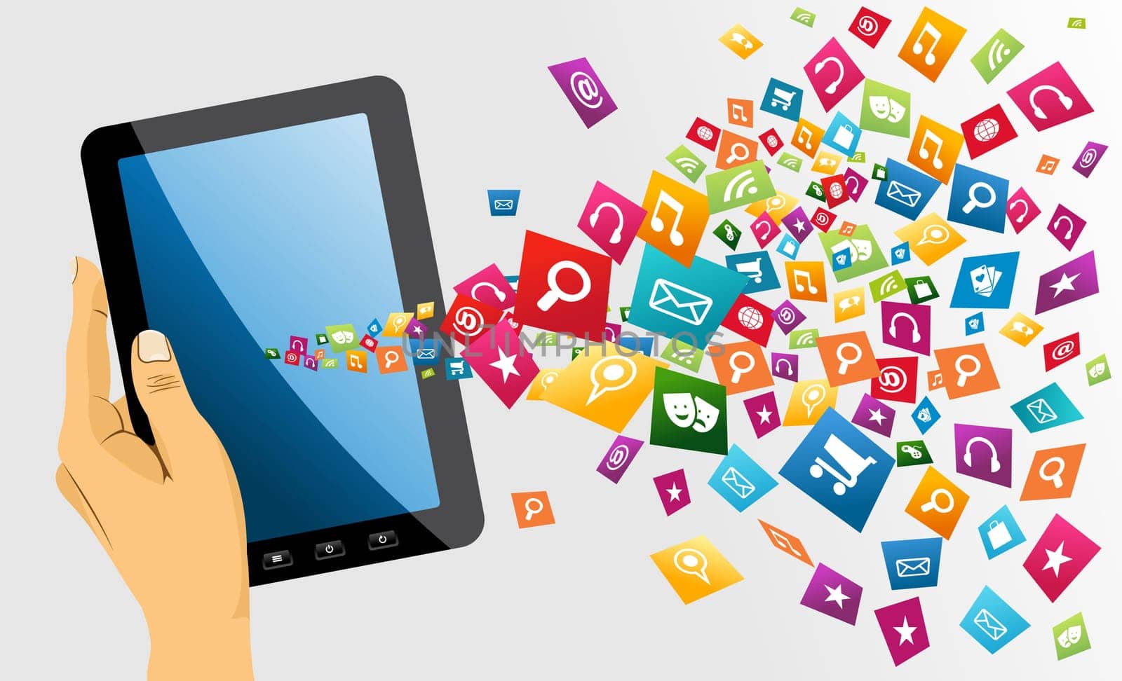 Human hand holds electronic tablet computer applications icons splash composition. EPS10 vector file organized in layers for easy editing.