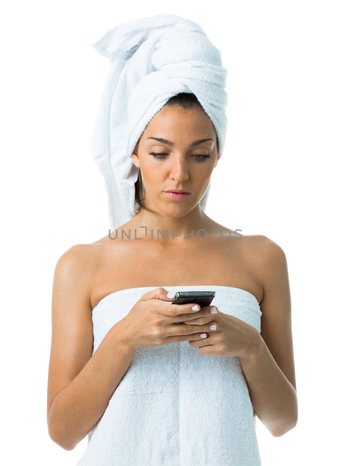 young real beautiful woman sending a message with towel