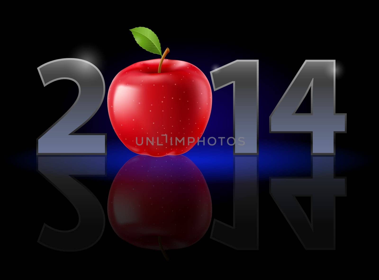 New Year 2014: metal numerals with red apple instead of zero having weak reflection. Illustration on black background.