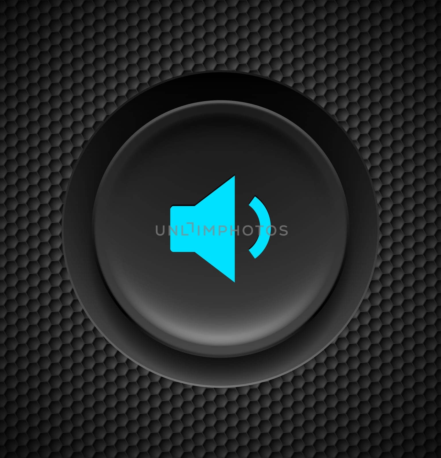 Black button with blue sound sign on carbon background.