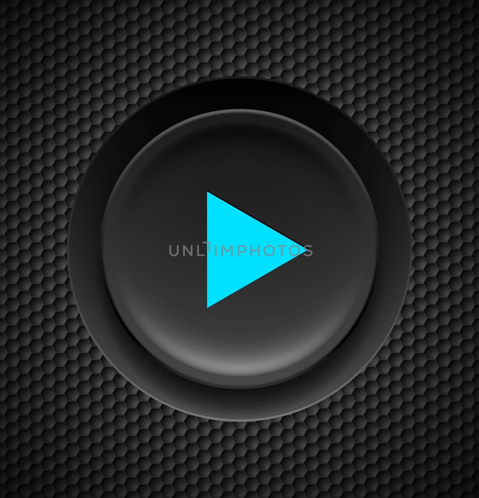 Black button with blue play sign on carbon background.