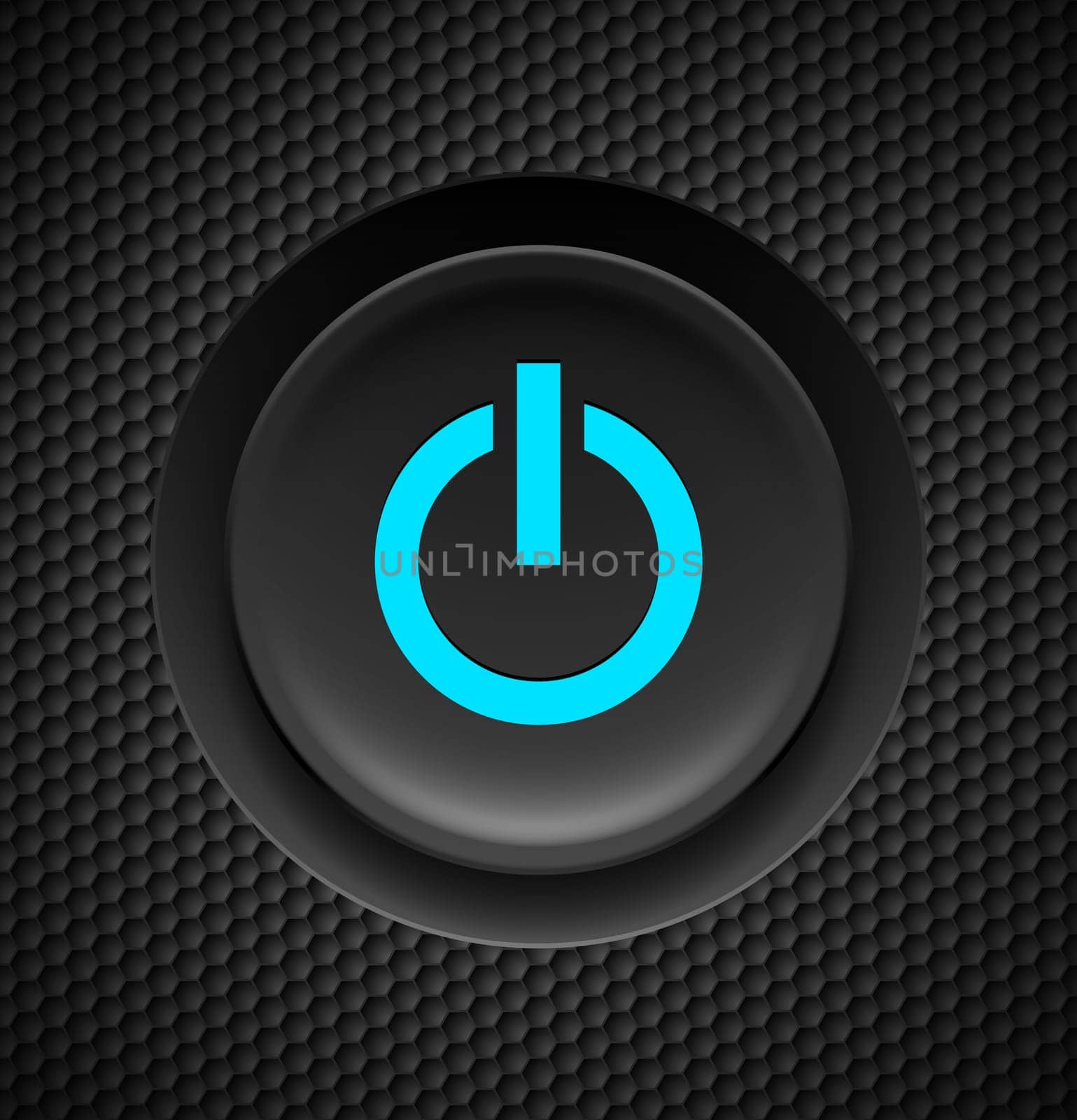 Black button with blue power sign on carbon background.
