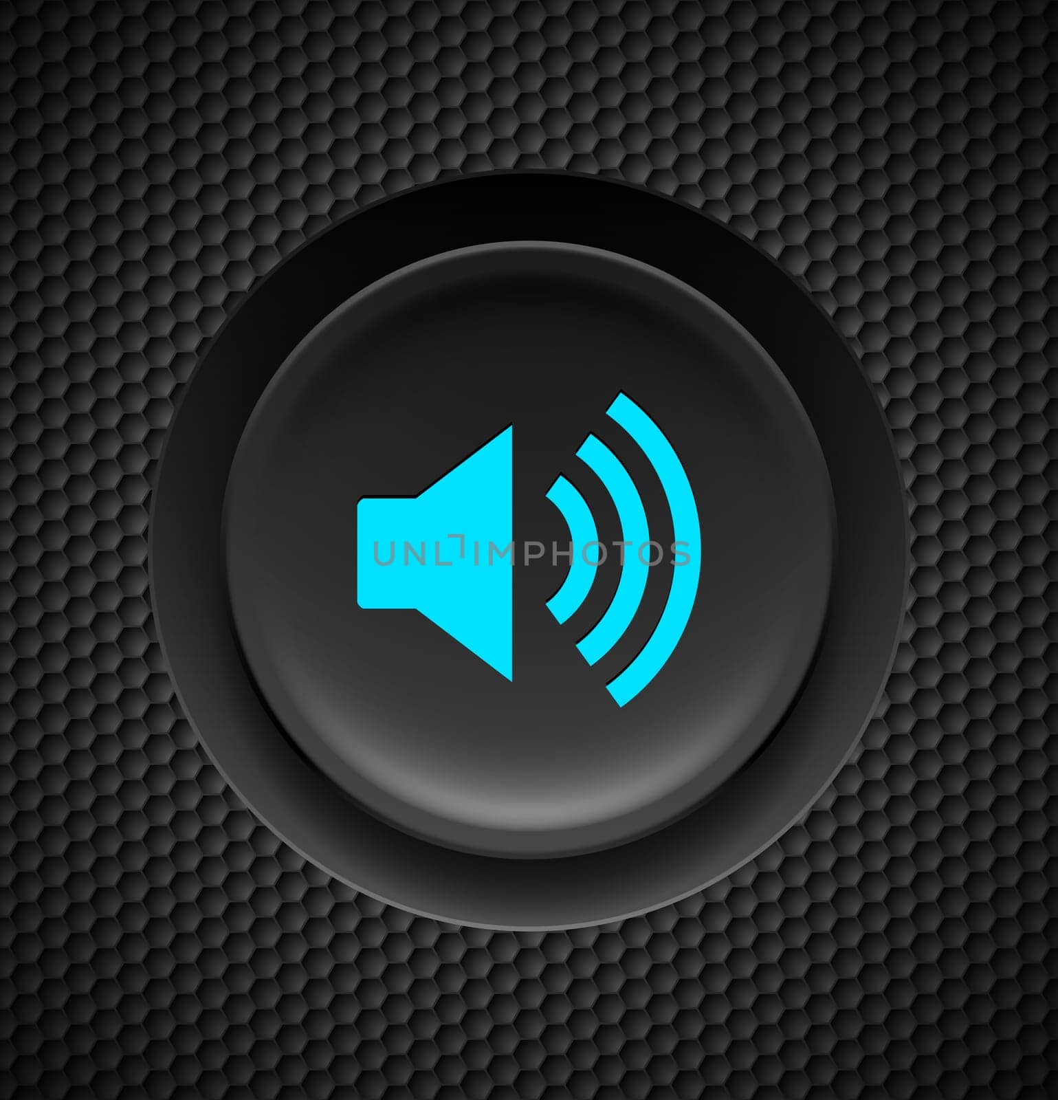 Black and blue sound button on carbon background.