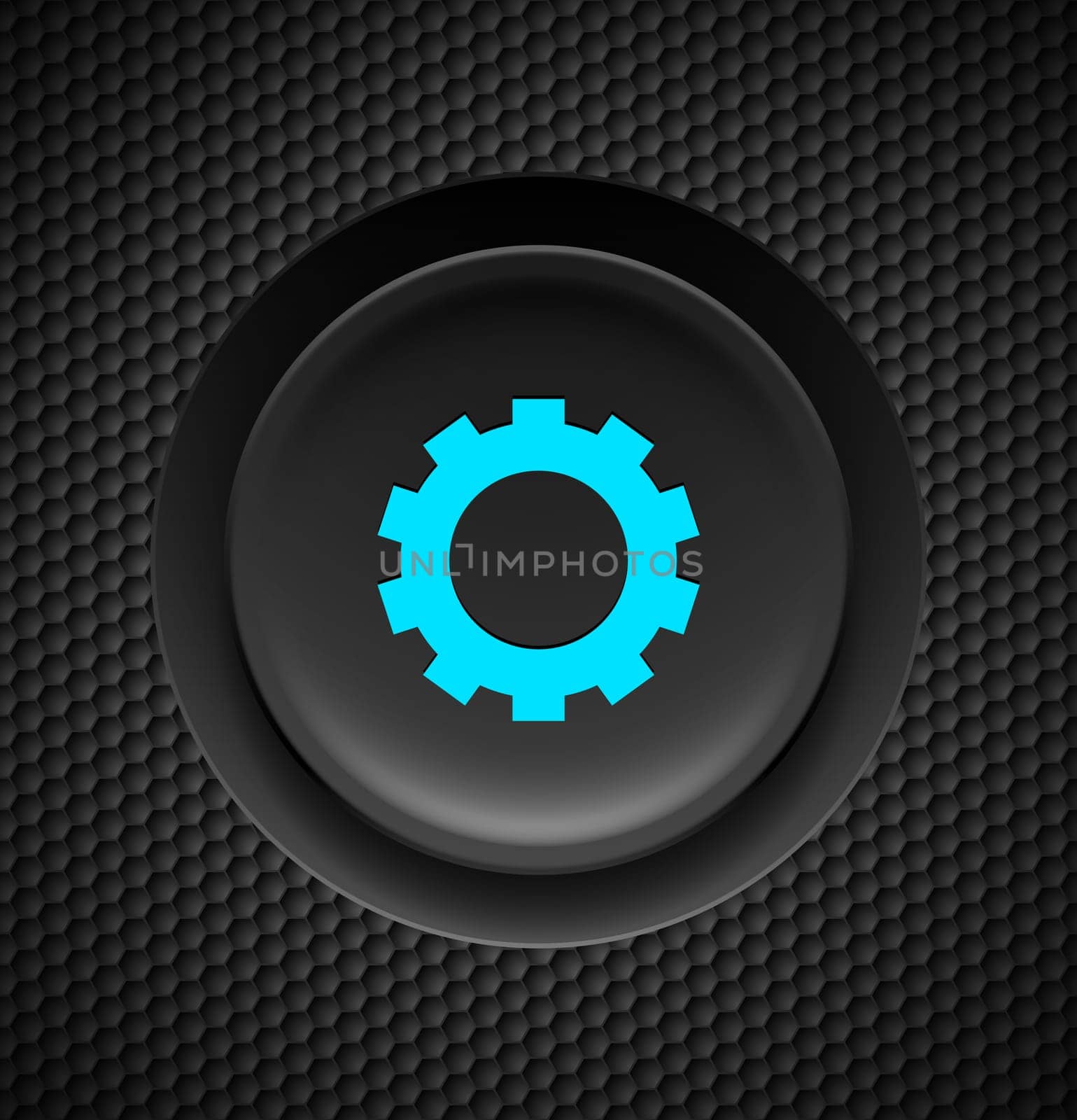 Black button with blue settings sign on carbon background.