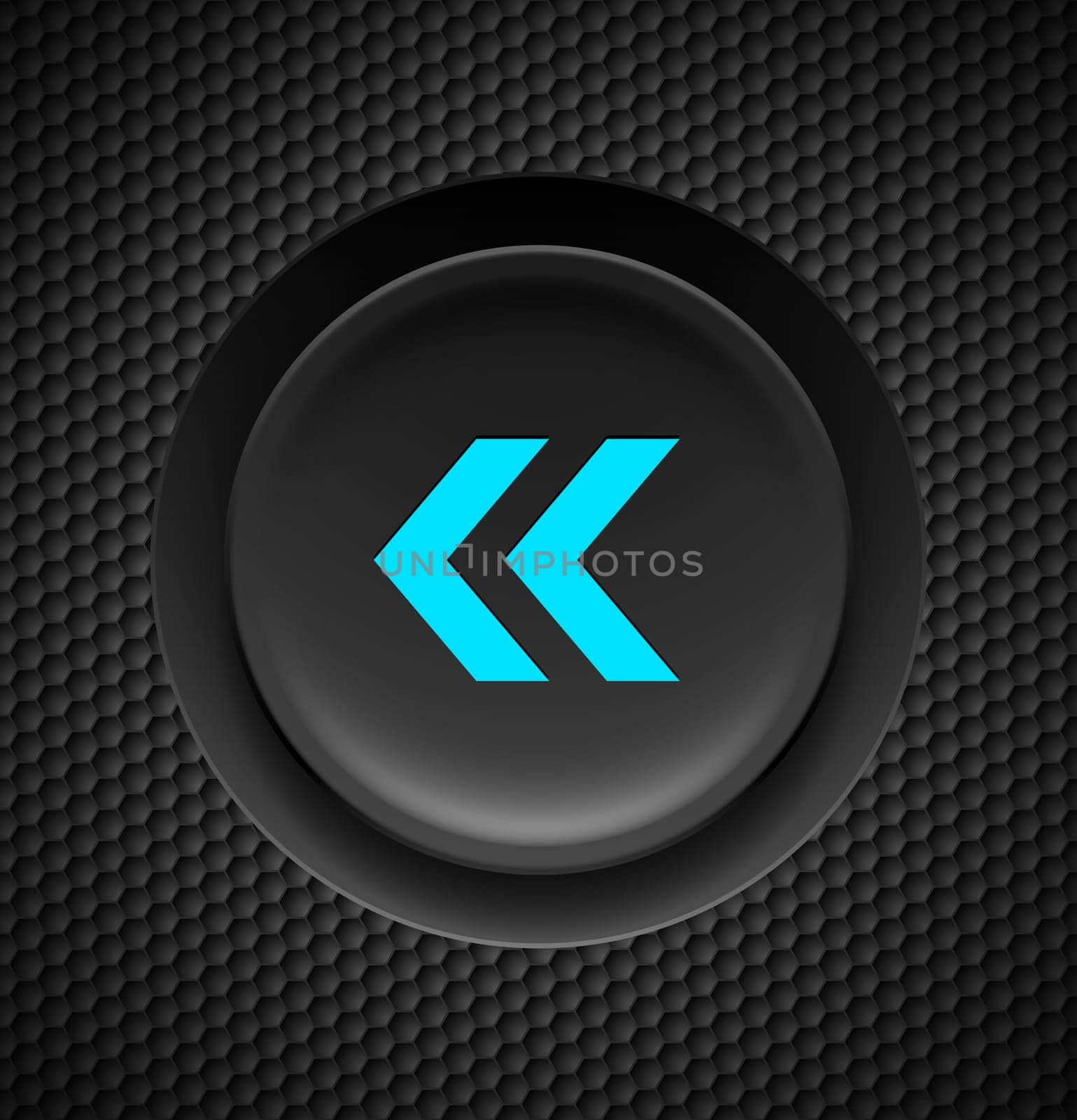Black and blue fast backward button on carbon background.
