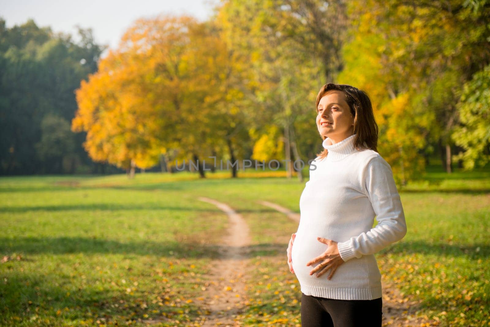 Young happy smiling preagnant woman outdoor in autumn nature