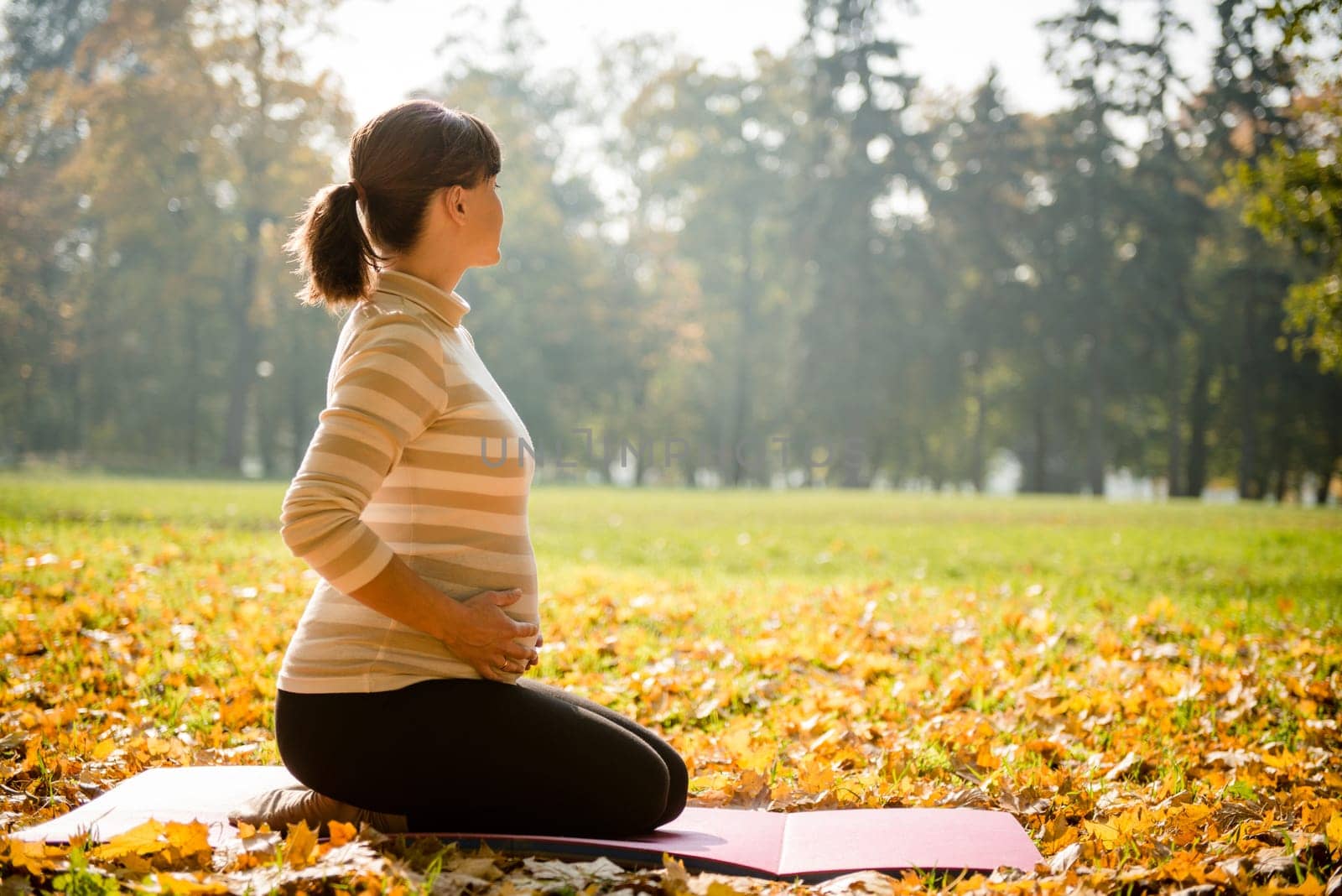 Fitness pregnant woman exercising outdoor in autumn nature