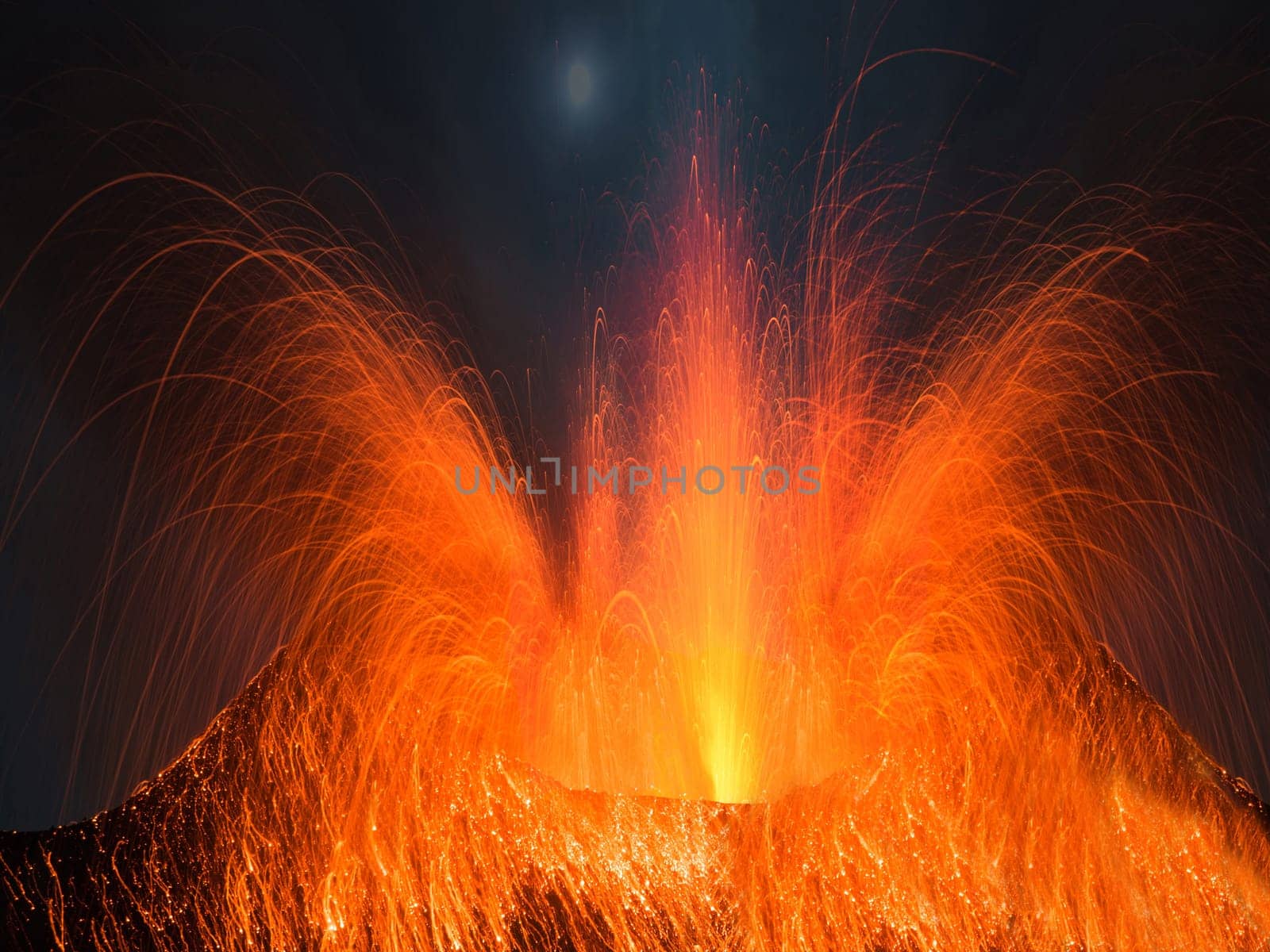 Volcano erupting at night with a very strong eruption
