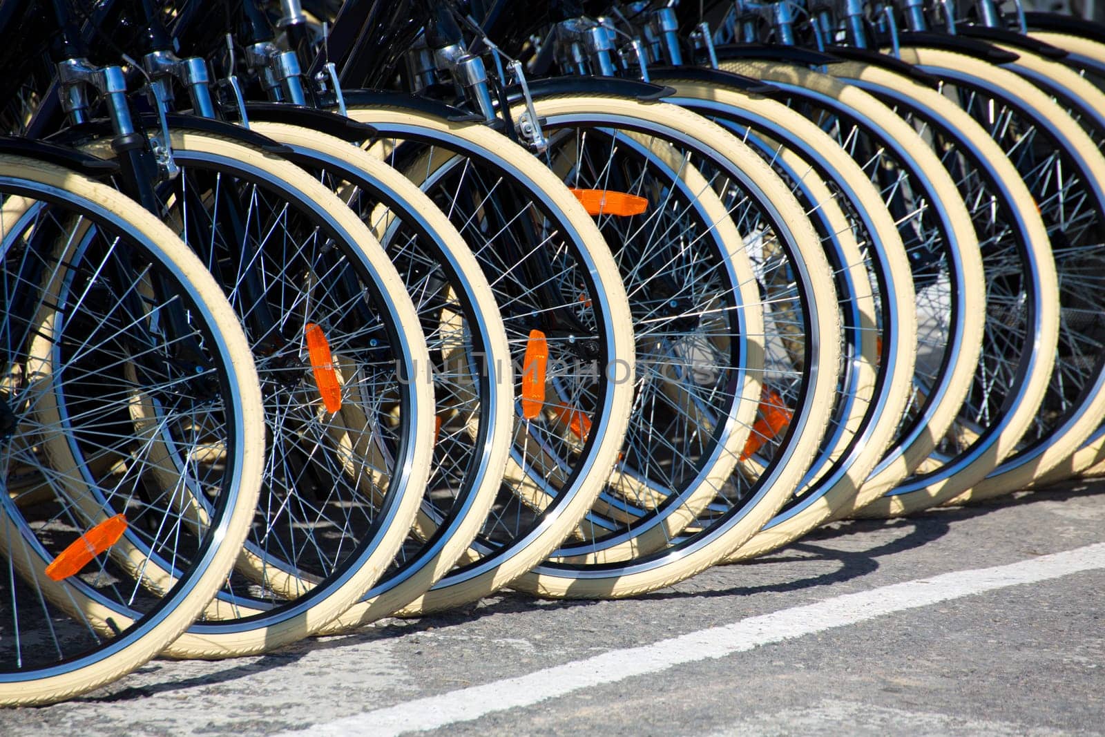 Bicycles front wheel tyres in a row detail
