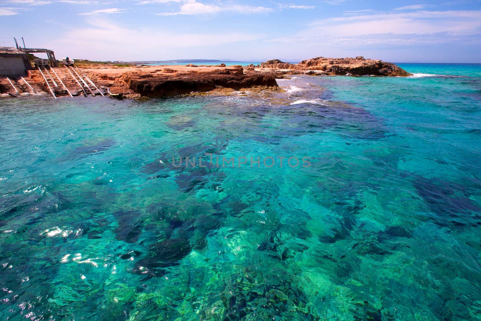 Formentera Es Calo de Sant Agusti turauoise sea at Balearic Islands