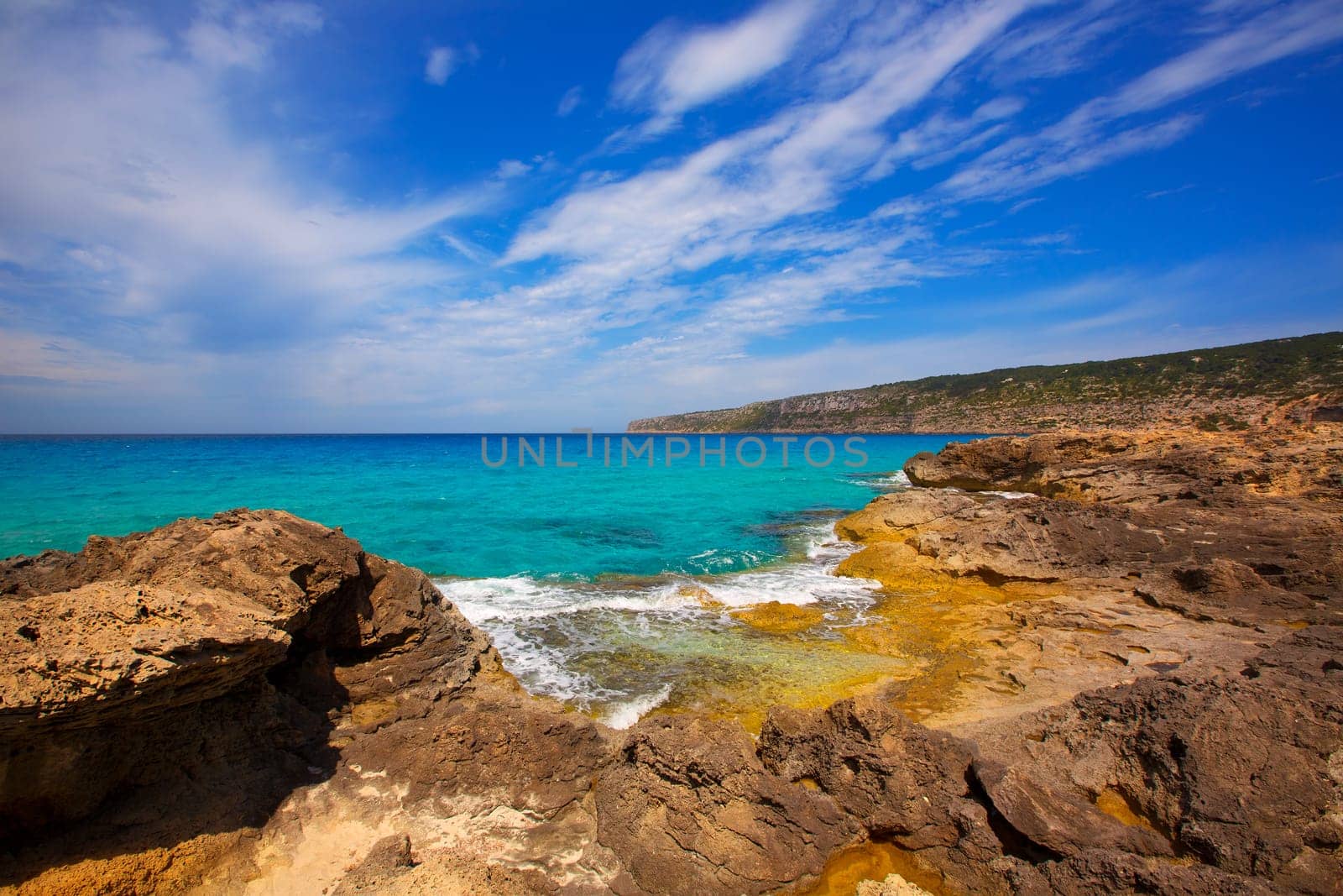 Formentera Es Calo de Sant Agusti turauoise sea at Balearic Islands