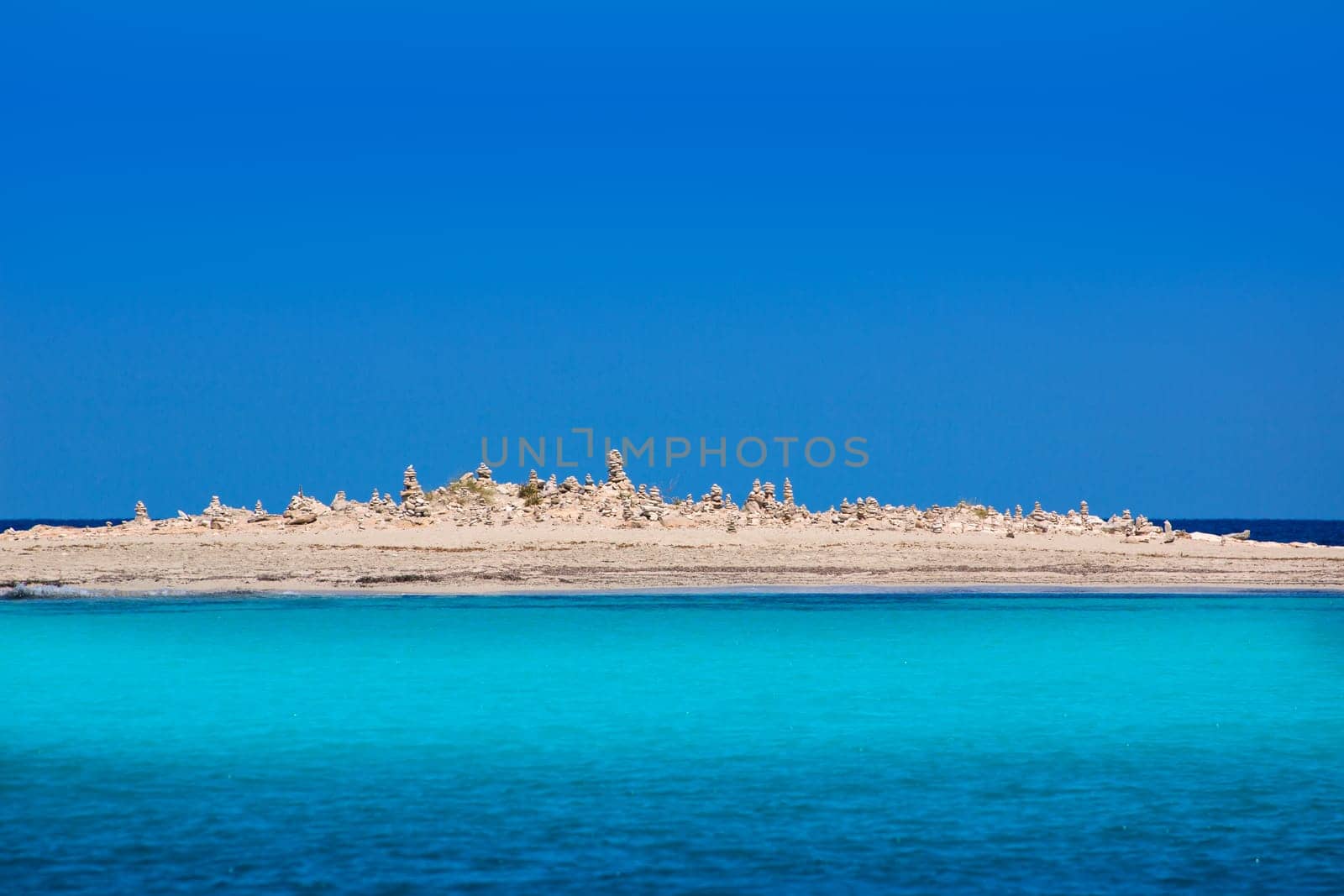Formentera island Illetes Illetas with stone popular sculptures in Balearic Islands