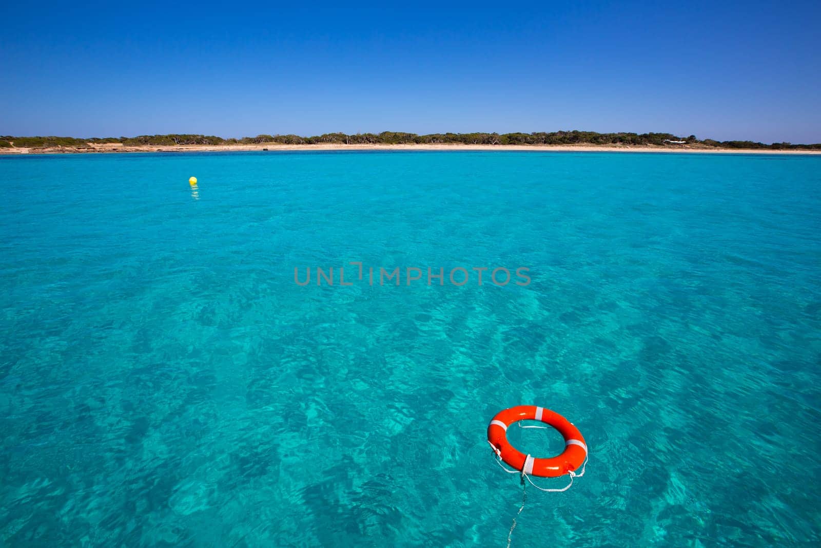 Formentera Illetes Illetas with round buoy view from sea at Balearic Islands