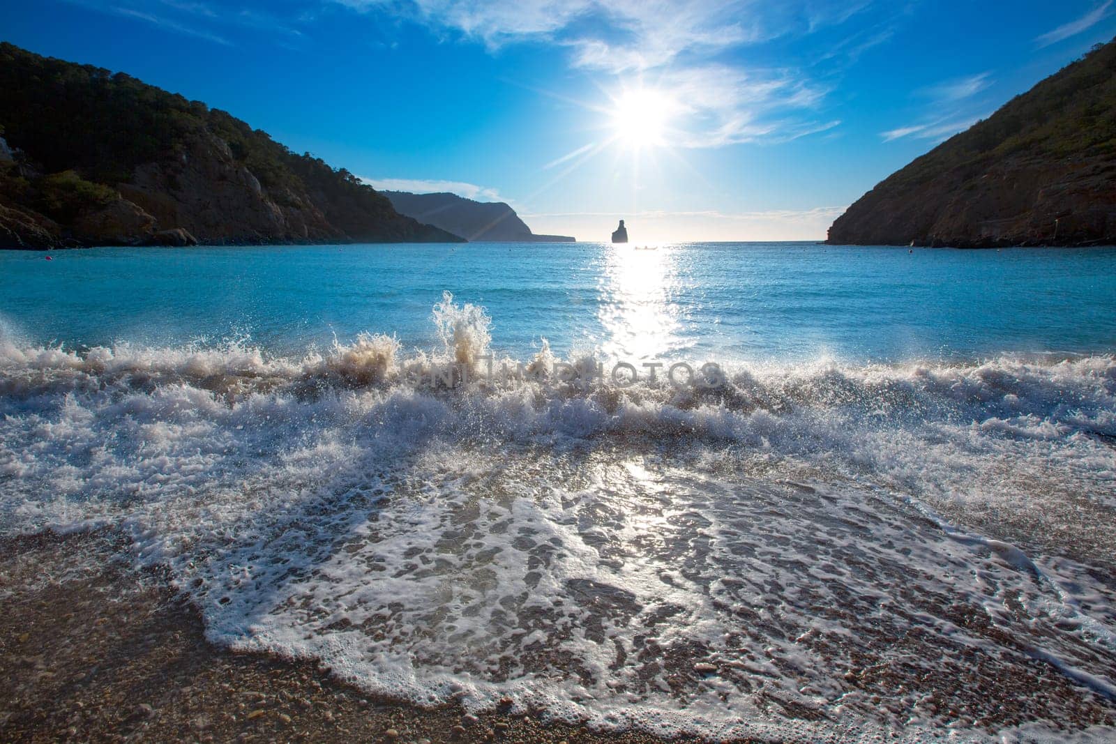 Ibiza Cala Benirras sunset beach in san Juan at Balearic Islands Spain