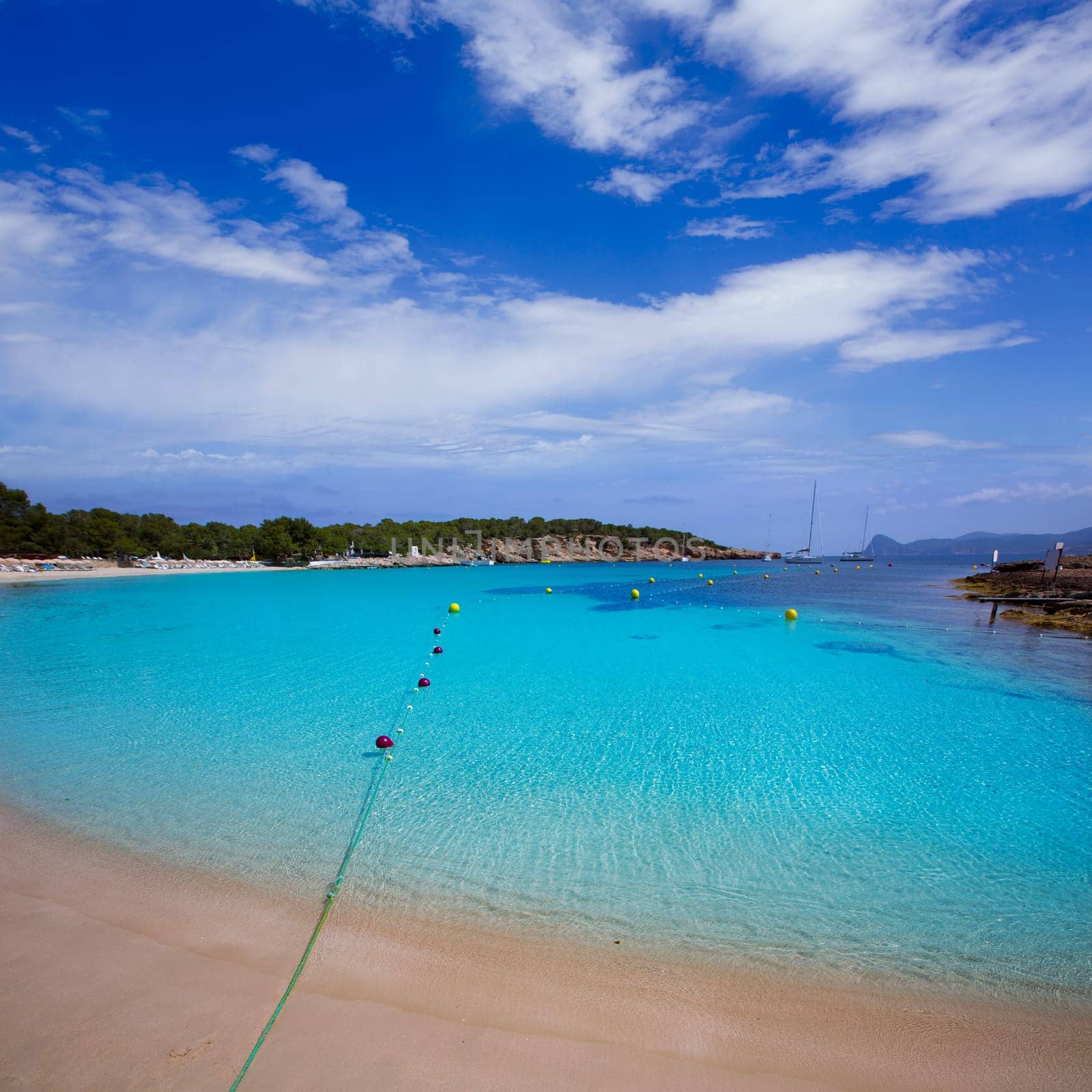 Ibiza Cala Bassa beach with turquoise Mediterranean sea at Balearic Islands