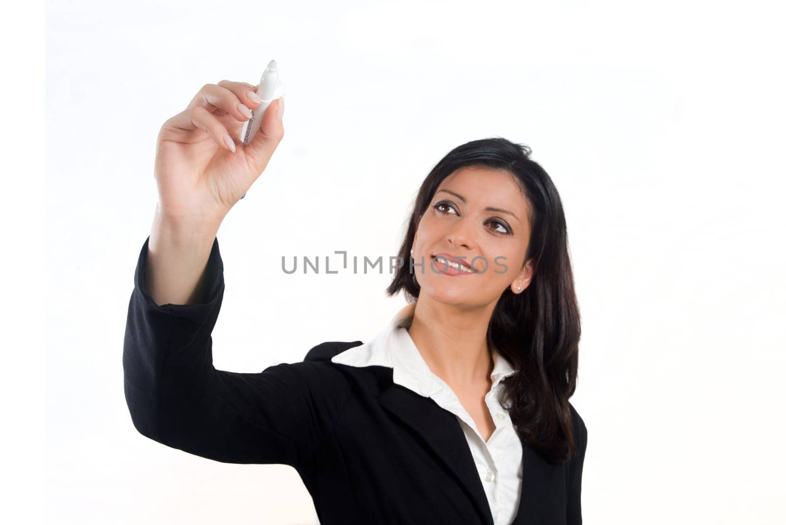 young business woman makes a mark on a transparent plate