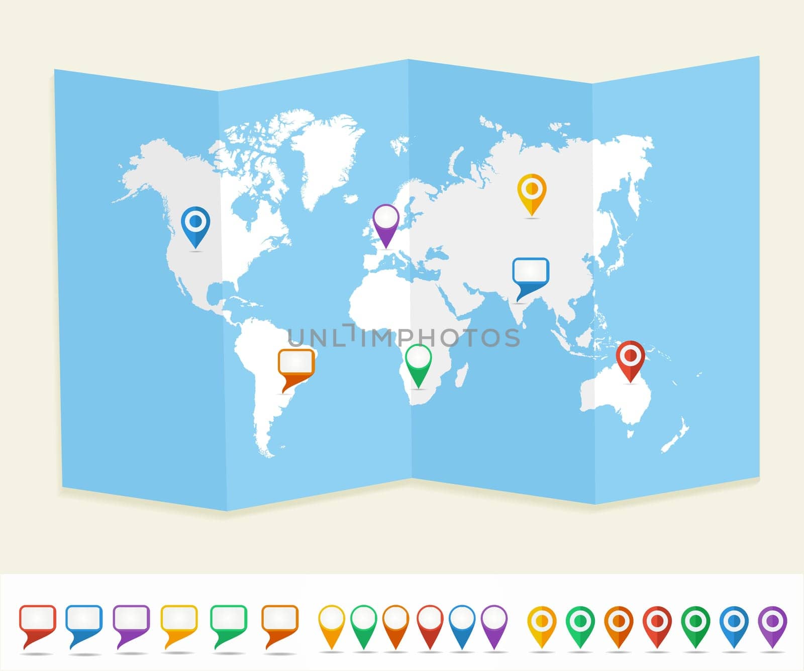 World map with GPS location pins and social media speech bubbles travel Earth brochure. EPS10 vector file organized in layersa for easy editing.