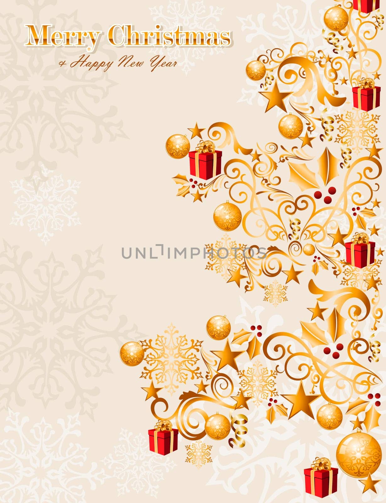 Luxury Merry Christmas gold tree elements and snowflakes background. EPS10 vector file organized in layers for easy editing.
