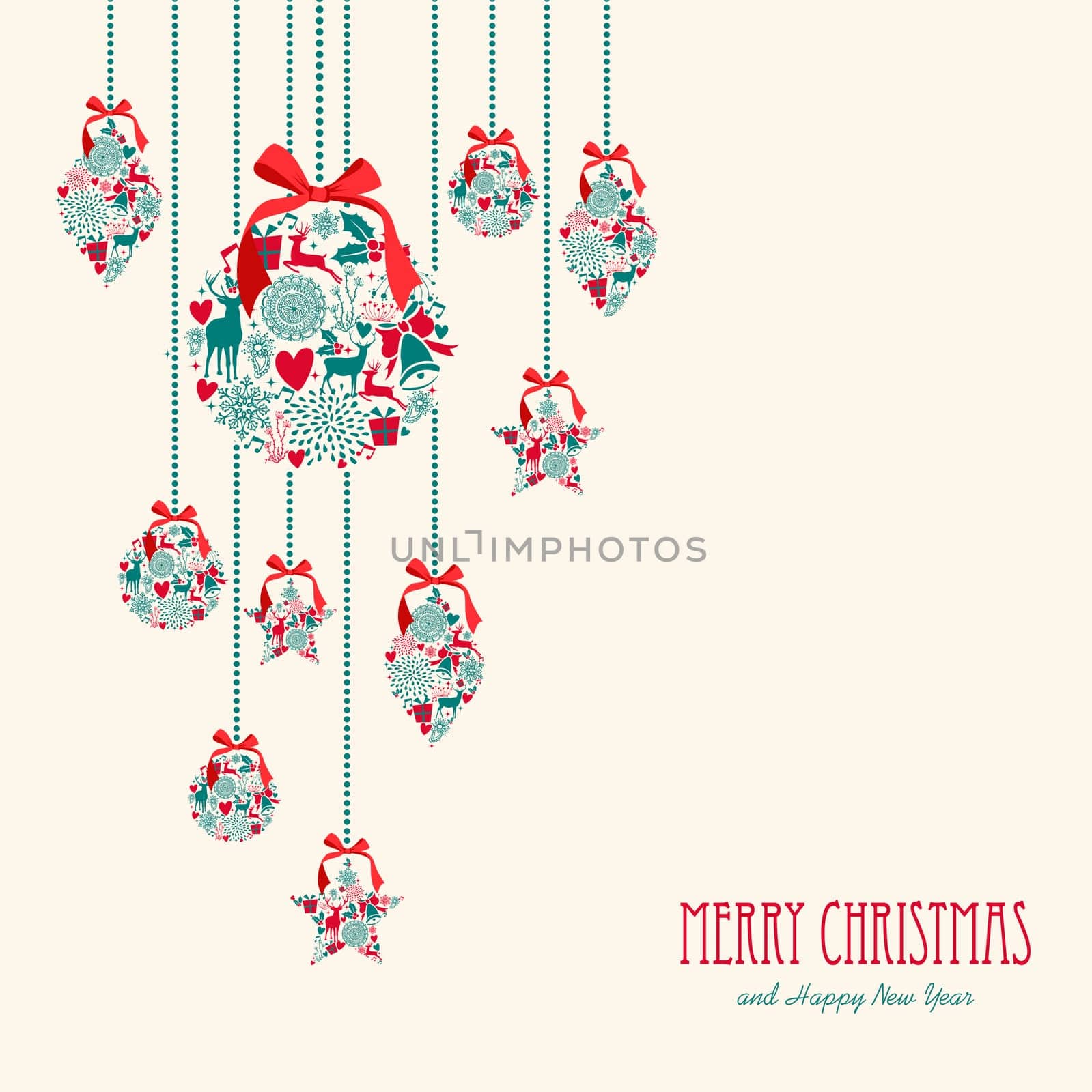 Merry Christmas hanging decoration elements baubles composition. Vector file organized in layers for easy editing.
