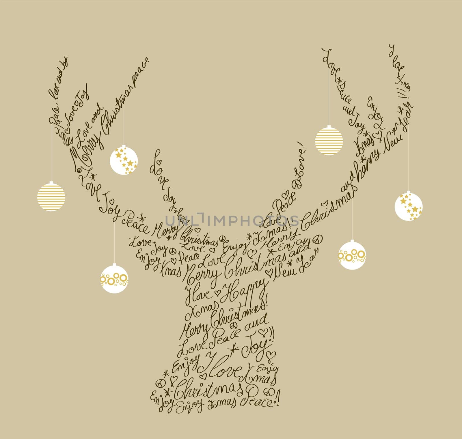 Trendy hipster reindeer shape with holiday text and baubles. Merry Christmas composition. EPS10 vector file organized in layers for easy editing.