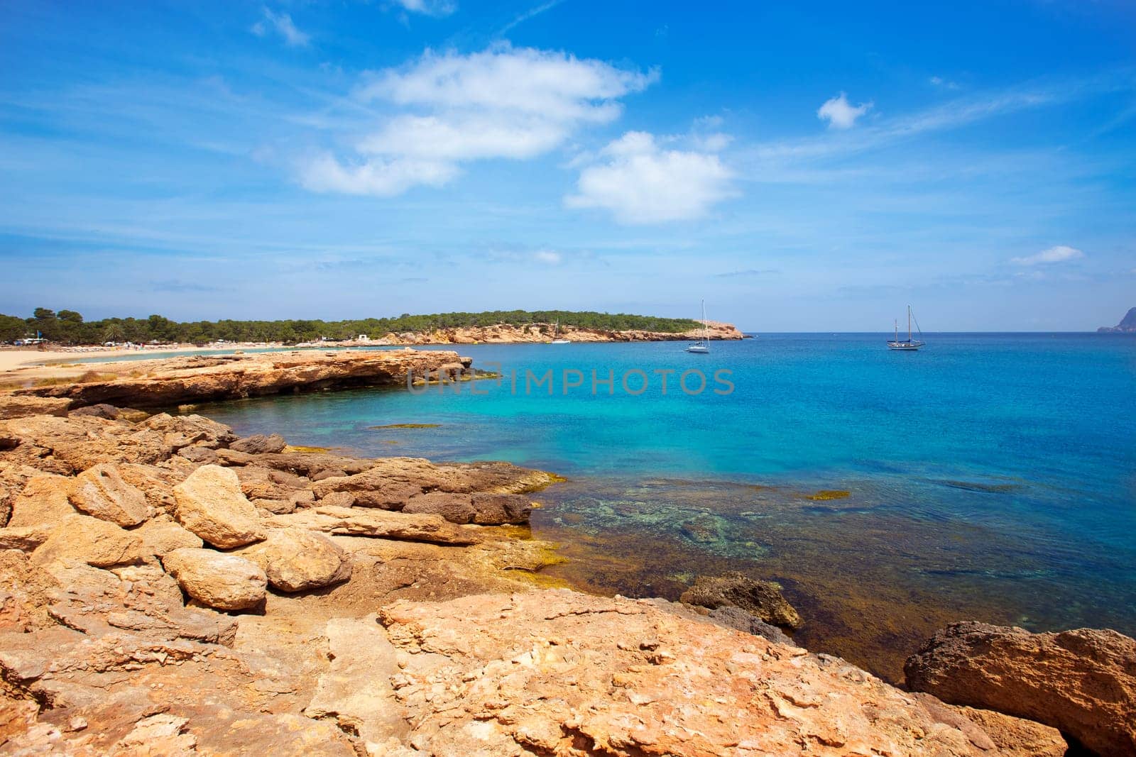 Ibiza Cala Bassa beach with turquoise Mediterranean sea at Balearic Islands