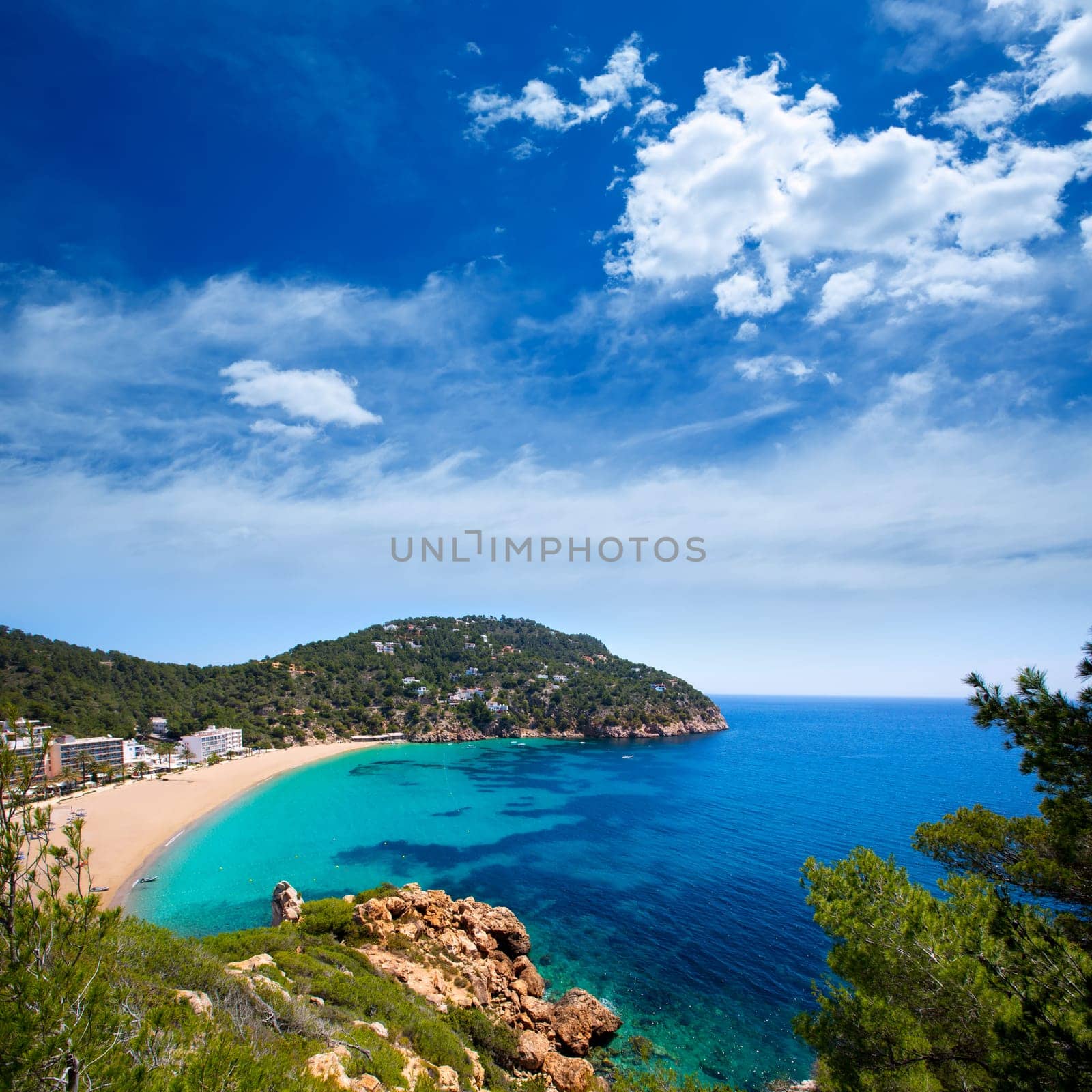 Ibiza caleta de Sant Vicent cala San vicente beach san Juan at Balearic Islands of spain