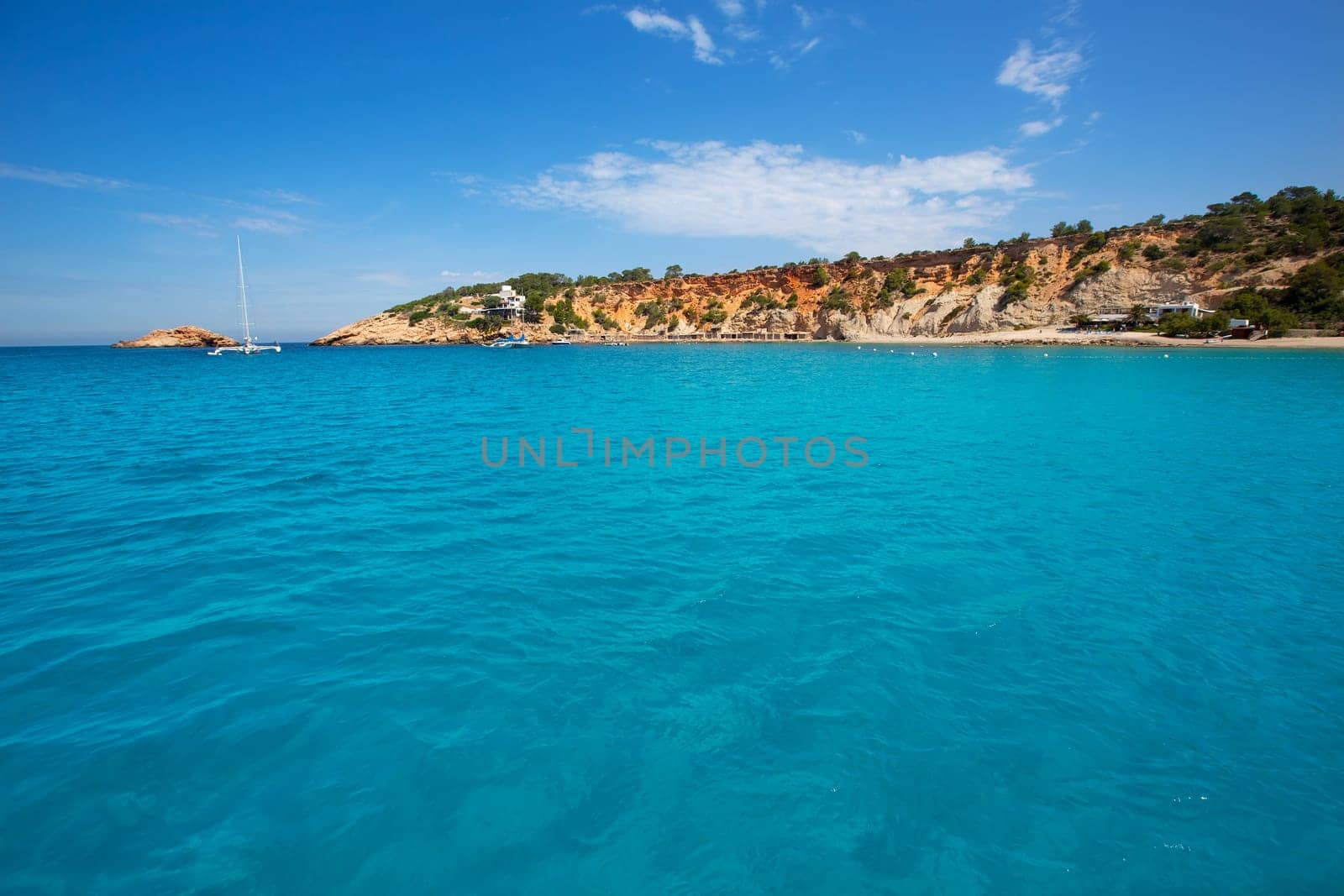 Ibiza Cala dHort d Hort view from boat in Balearic Islands