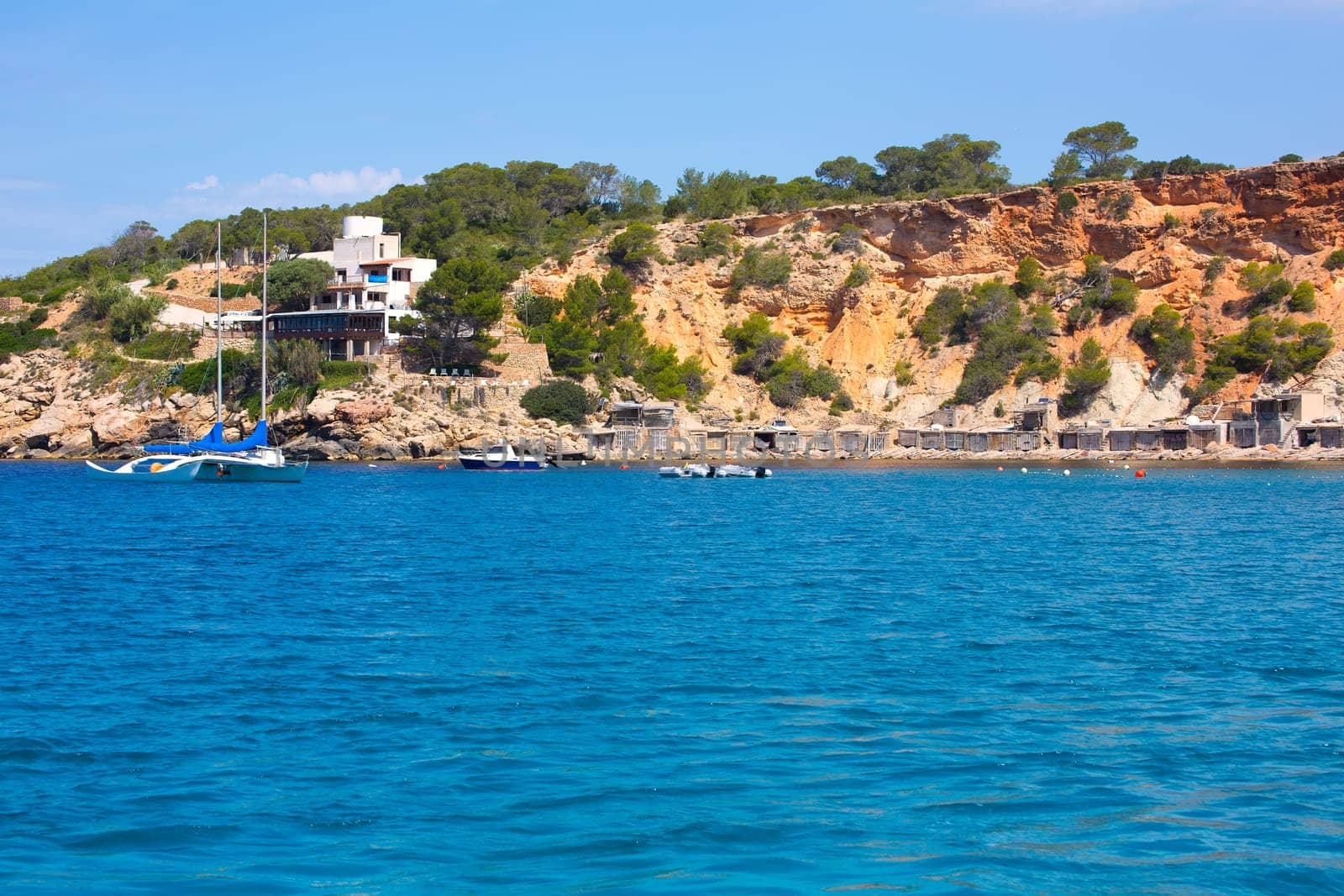 Ibiza Cala dHort d Hort view from boat in Balearic Islands