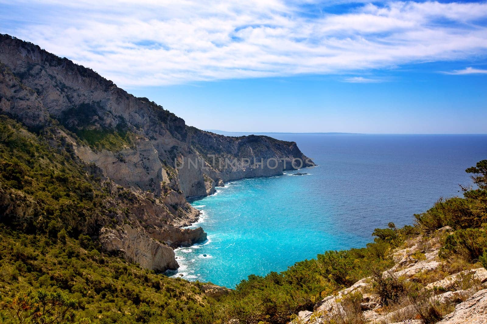 Ibiza Cap Llentrisca cape view from Sa Pedrera in Balearic Islands spain