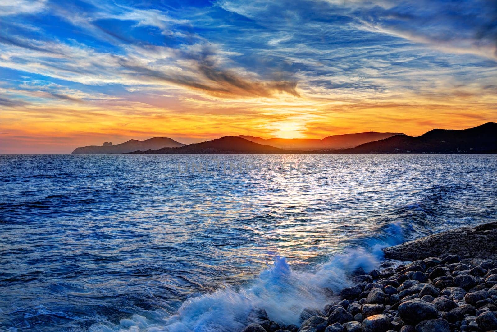 Ibiza Cap des Falco beach sunset and Es Vedra in Sant Josep Balearic Islands